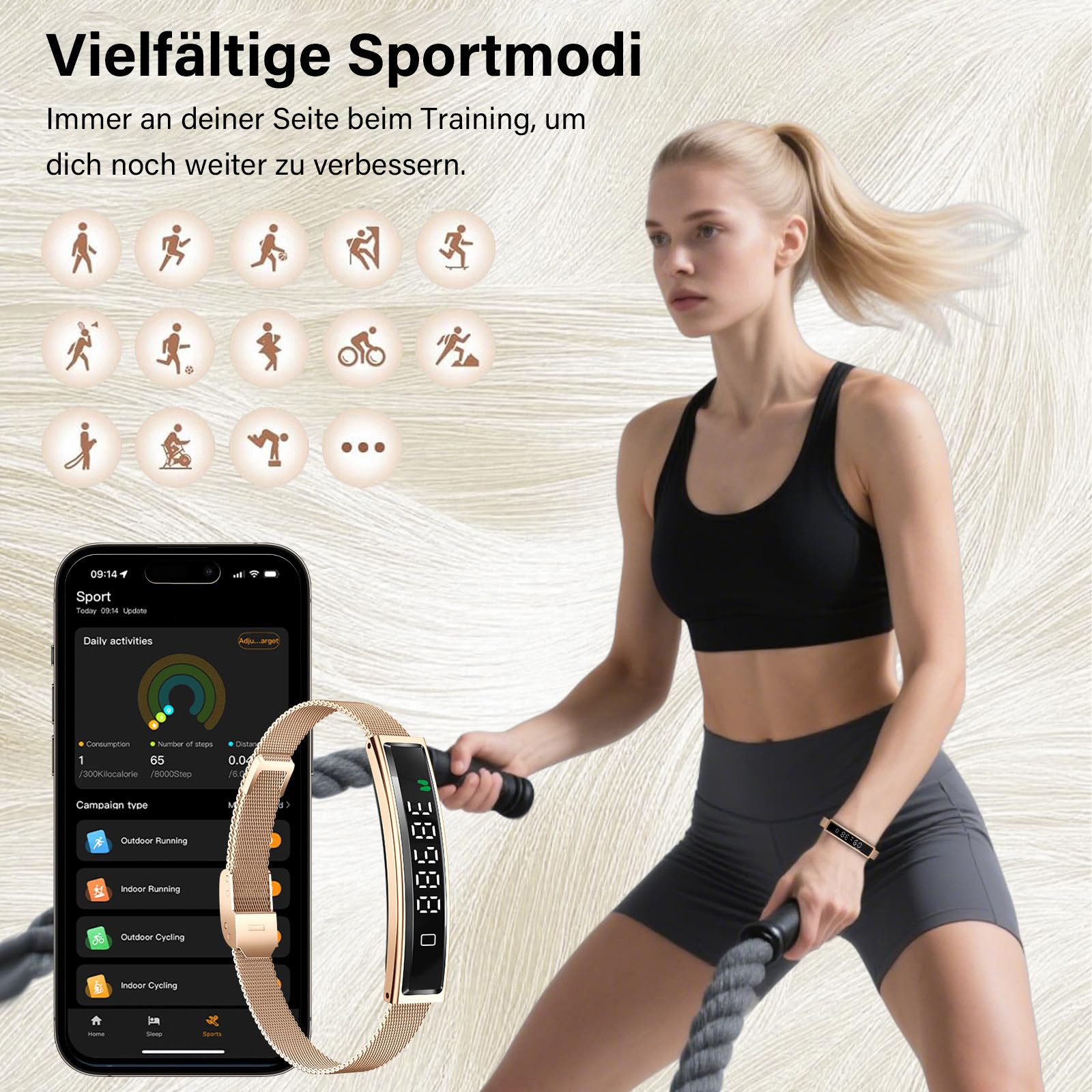 MOPUEA Fitness-Tracker Fitness Tracker Armband Herzfrequenz Schlafanalyse 12 Sportmodi (Fitnessarmband Set mit Wechselarmbändern, Smartband mit Metall Mesh und  – Bild 2 von 5