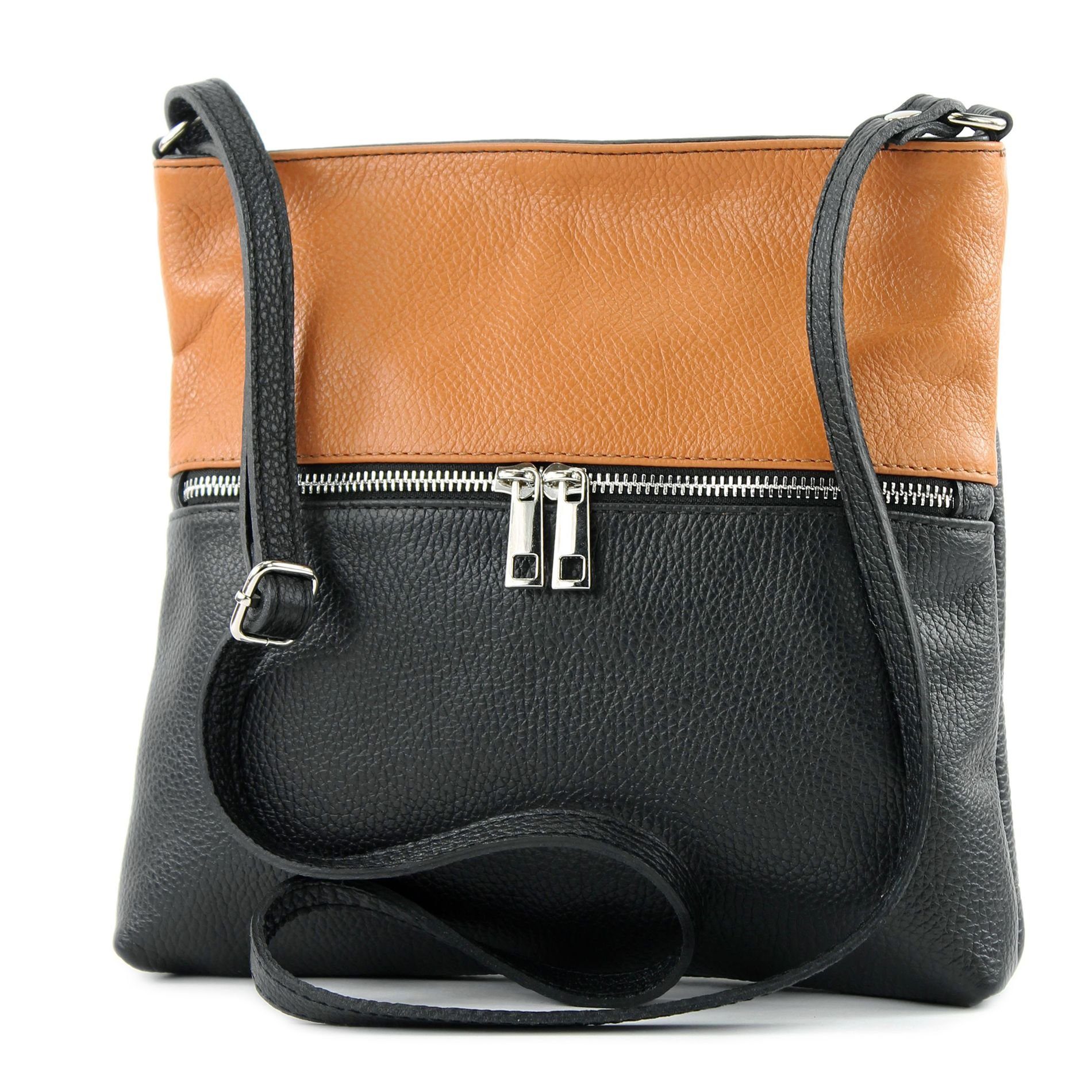 Im Angebot zu einem supergünstigen Preis! modamoda de Schultertasche T144v3, Echtleder Schwarz/Camel Handmade in Italy