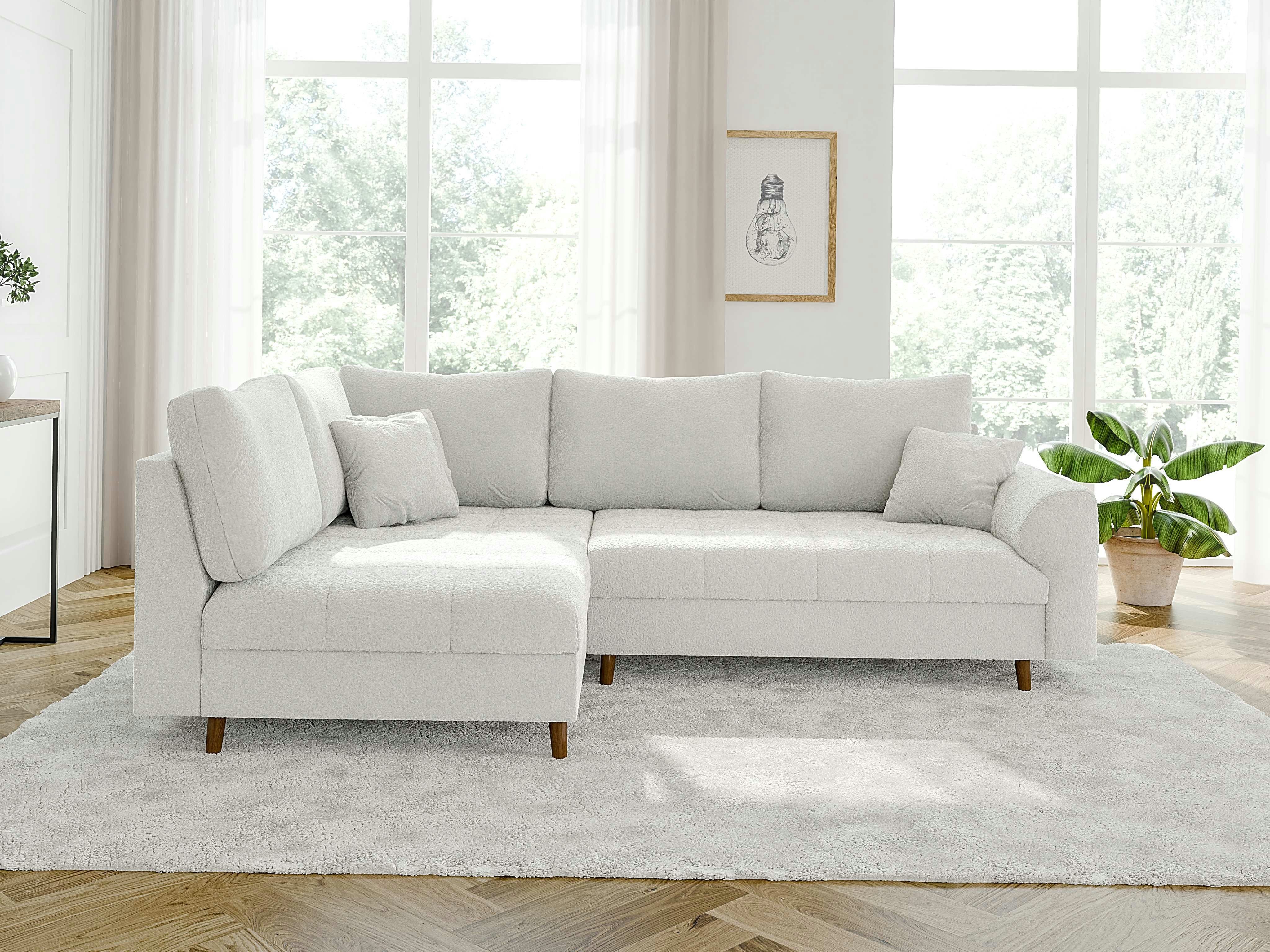 S-Style Möbel Ecksofa Leif mit Braun Holzfüßen im skandinavischen Stil aus Boucle-Stoff, Ottomane links oder rechts bestellbar, mit Wellenfederung