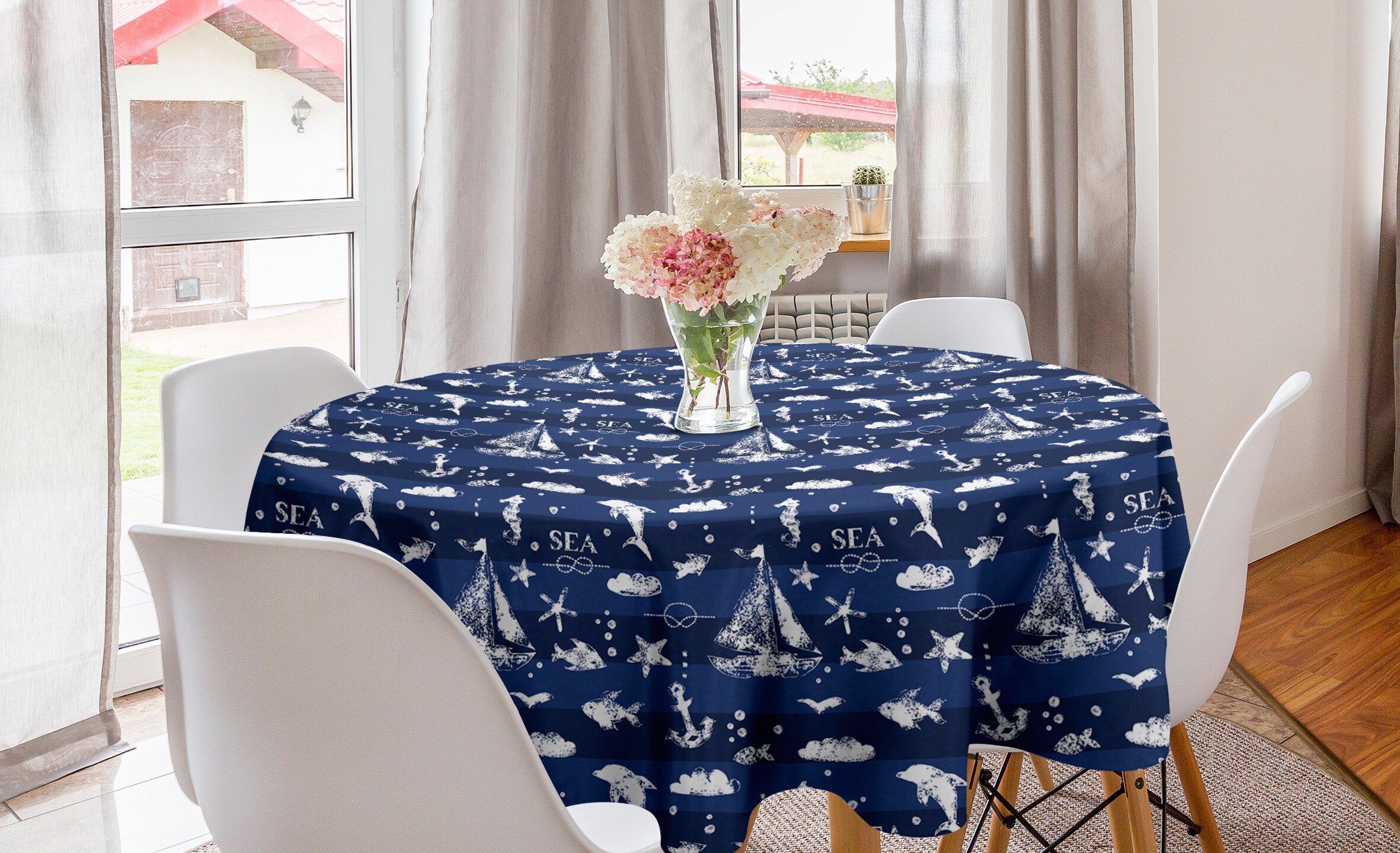 Abakuhaus Tischdecke Kreis Tischdecke Abdeckung für Esszimmer Küche Dekoration, Navy blau Grunge Anchor Schiff