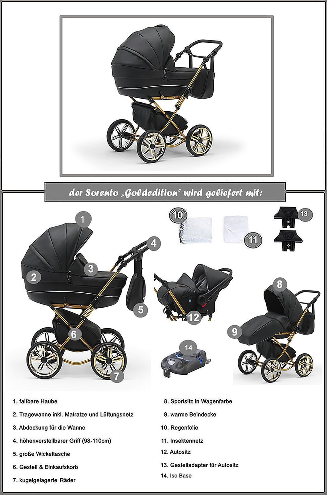 BabyMerc Kombi-Kinderwagen Sorento Gold 5 in 1 mit Sportsitz, Autositz und Iso in 30 Farben