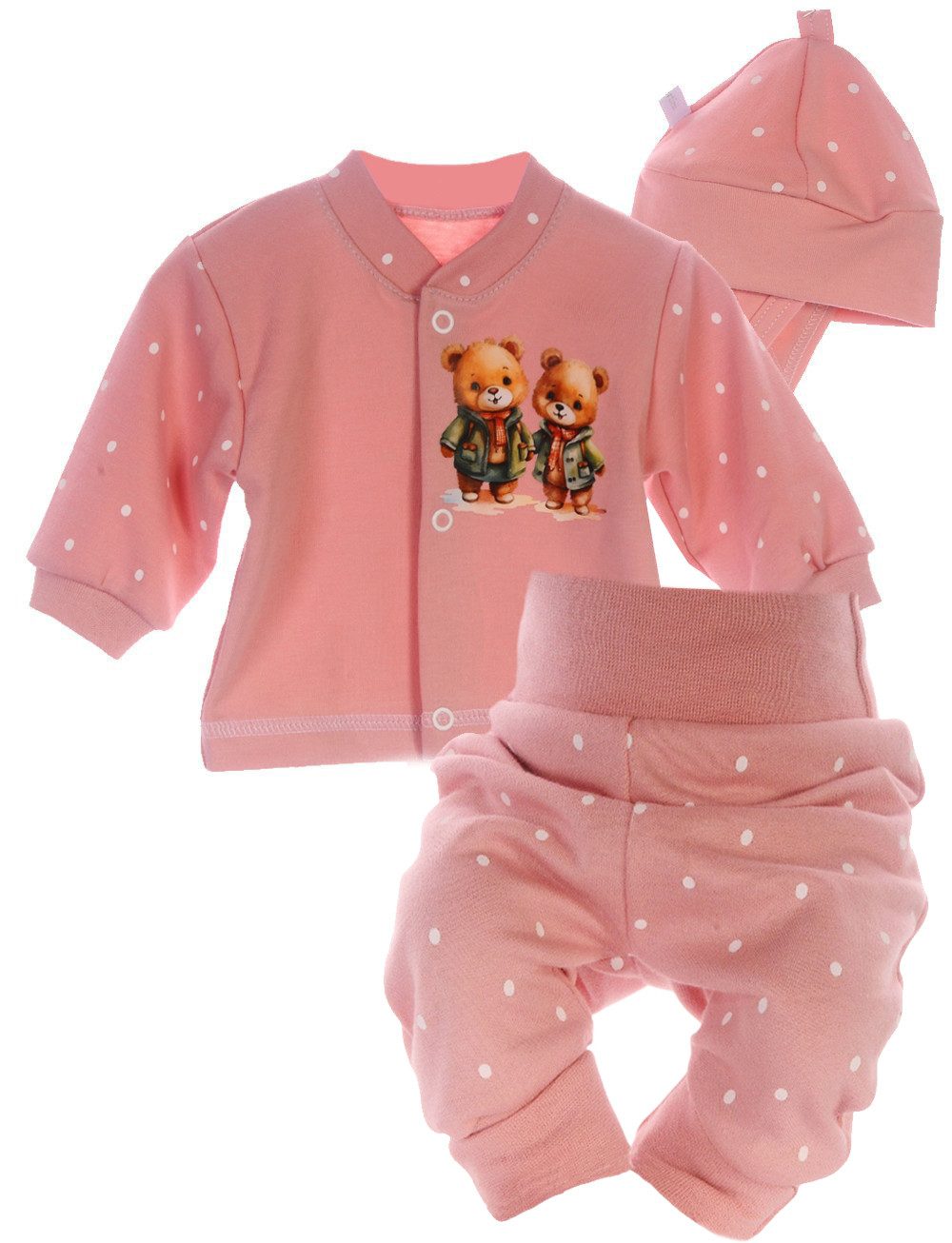 La Bortini Langarmshirt & Hose Baby Anzug Hemdchen Schlupfhose Mütze Set mit Bärchen Aufdruck aus Baumwolle, mit Sternen oder Punkten Muster und Bären Aufdruck