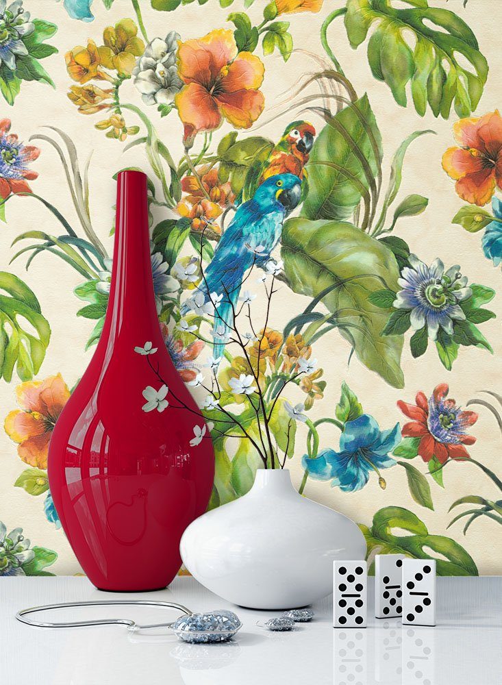 Newroom Papiertapete, Blumentapete Bunt Wallpaper Floral Blumen Tapete Pflanzen Palmenblätter Wohnzimmer Schlafzimmer Büro Flur