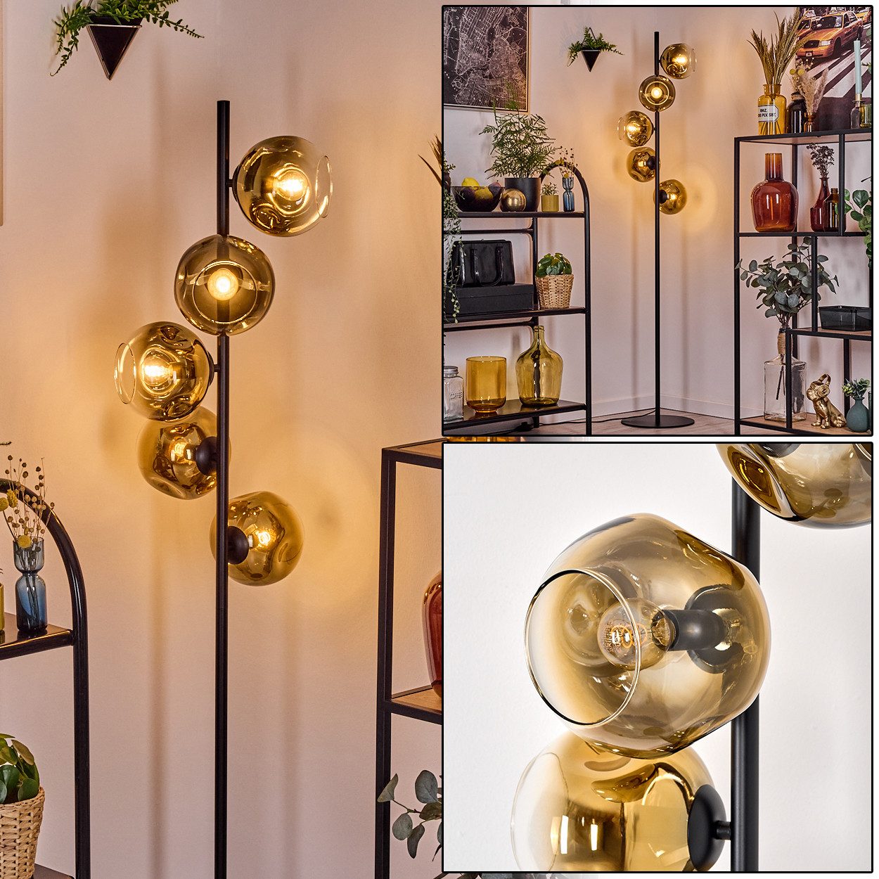 Stehlampe Stehlampe aus Metall/Glas in Schwarz/Gold/Klar, Retro/Vintage-Design