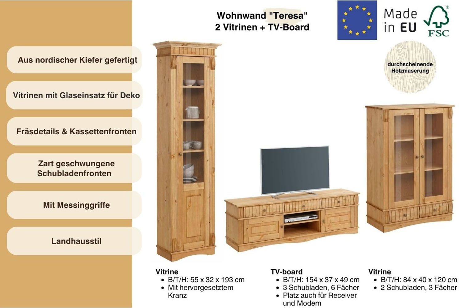 OTTO home Wohnwand Teresa, (Set, 3-St), bestehend aus 1 Vitrine klein, 1 Vitrine groß, 1 Lowboard