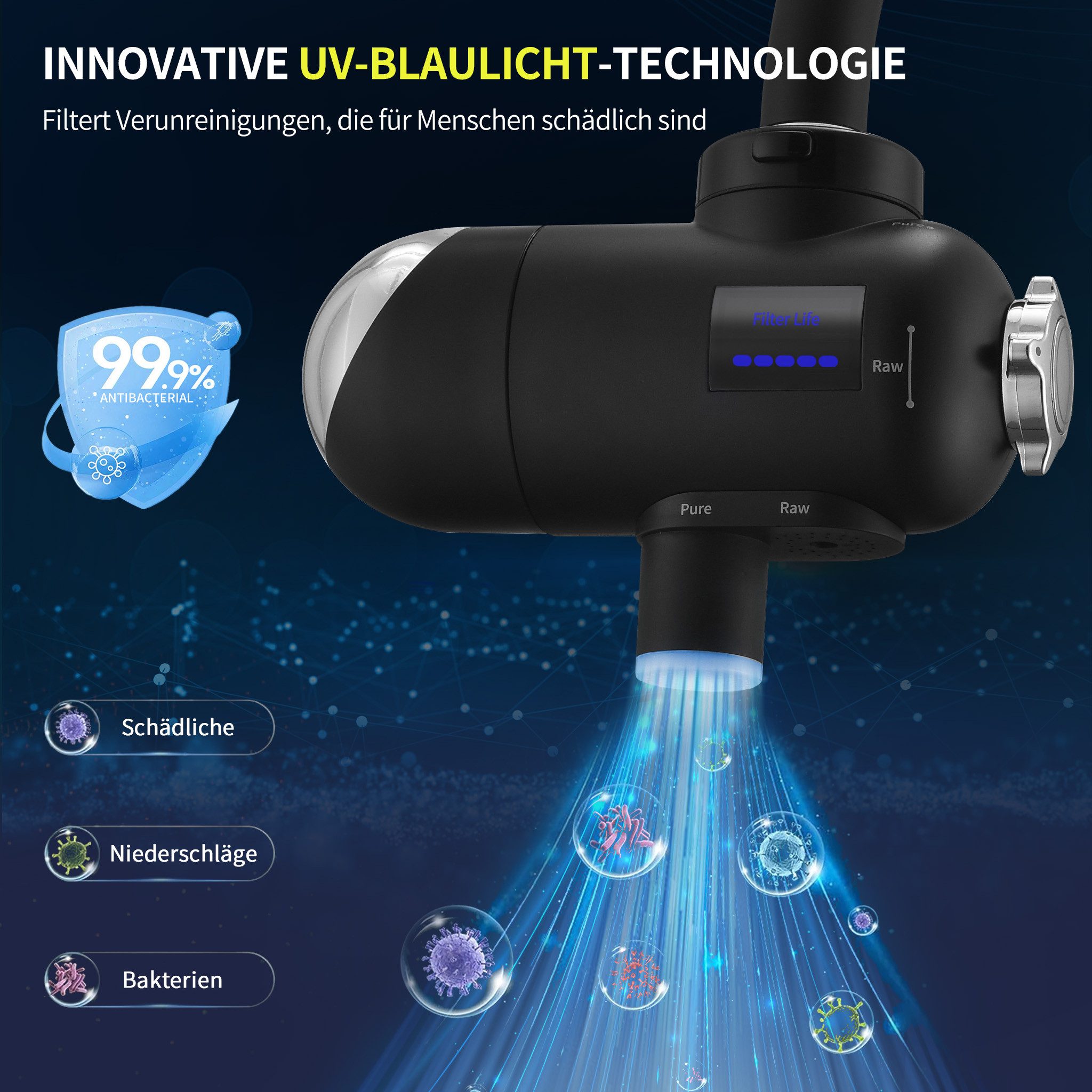 HOMELODY Wasserhahnfilter Wasserfilter für Trinkwasser mit UV-Licht und LED-Anzeige, Doppelmodus, Aktivkohle,Schwarz,für Standard-Wasserhähne