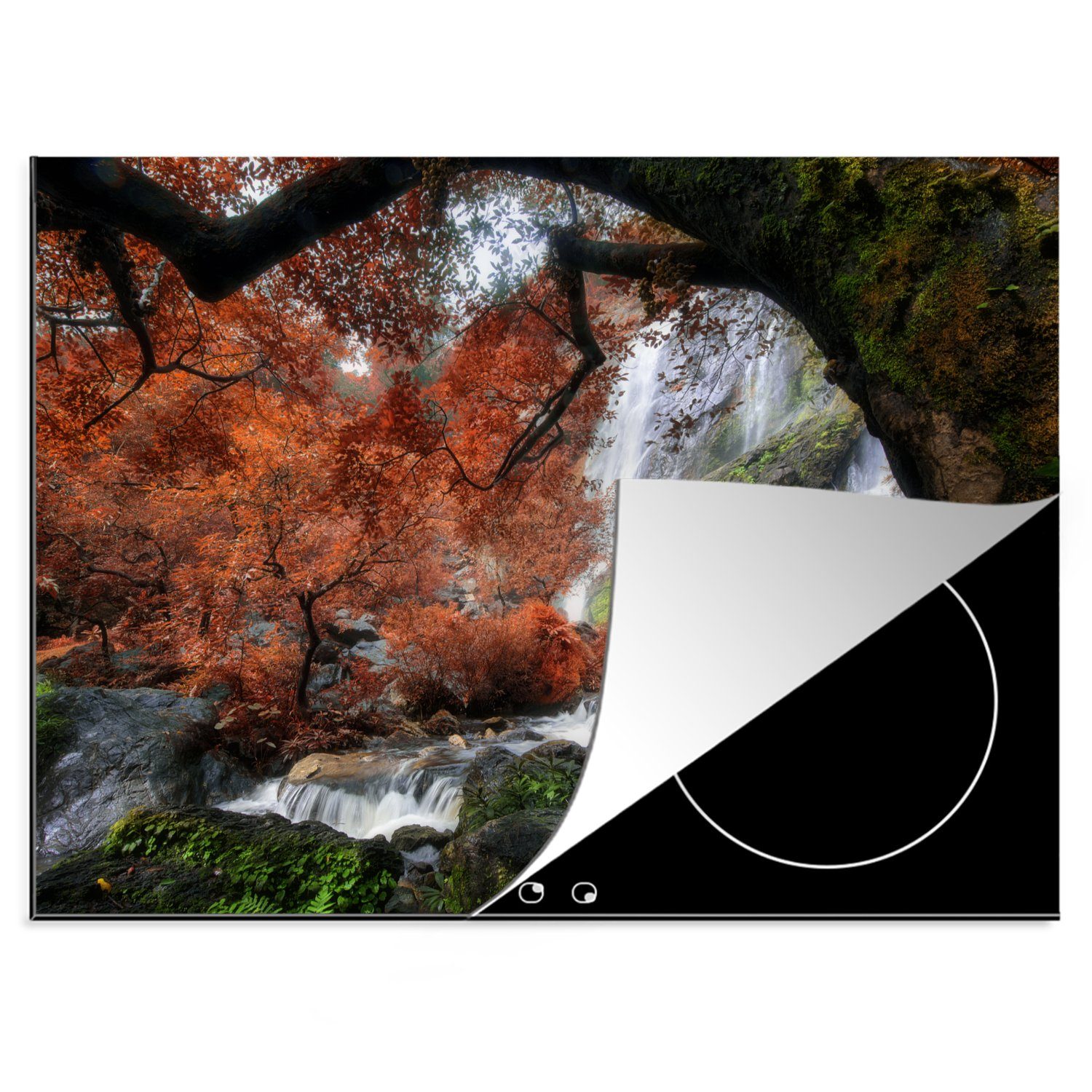 MuchoWow Herdblende-/Abdeckplatte Ein herbstlicher Tag am Wasserfall im Klong-Lan-Nationalpark, Vinyl, (1 tlg), 70x52 cm, Mobile Arbeitsfläche nutzbar, Ceranfeldabdeckung