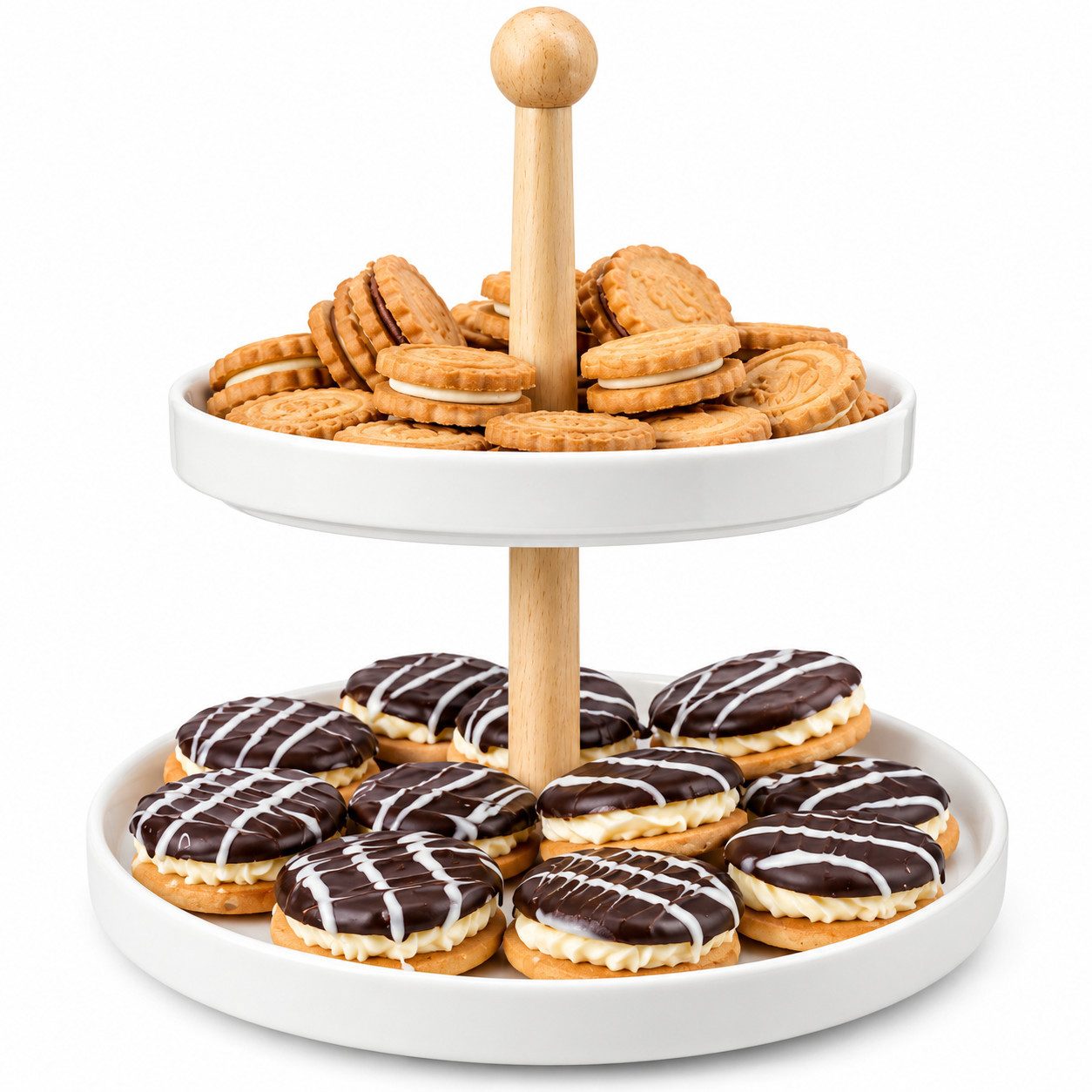 Sendez Etagere 2 Stöckig aus Porzellan mit Holzstamm Kuchenständer Servierständer, Porzellan, (1-tlg)