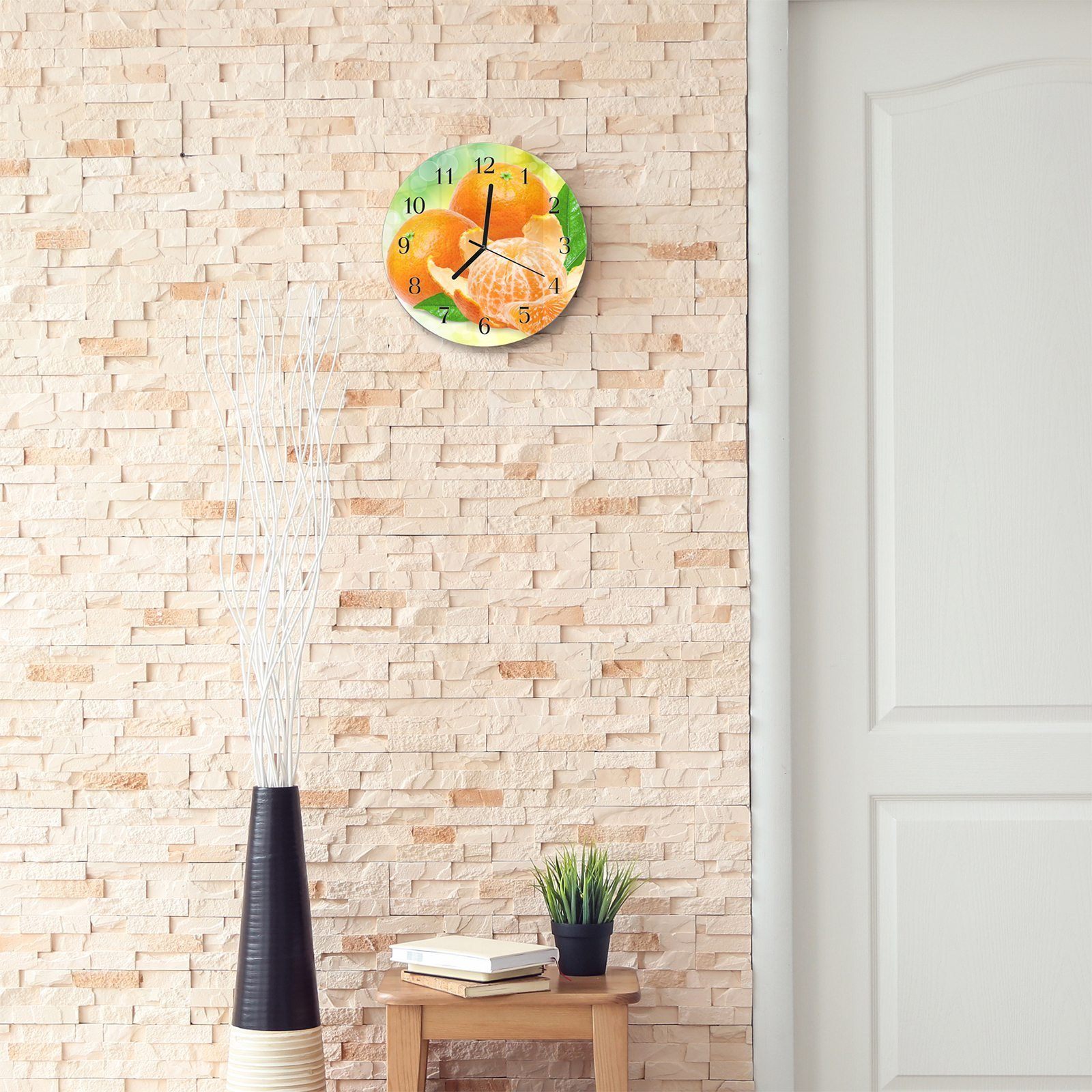 Quarzuhrwerk und aus cm 30 Wanduhr Mandarinen Motiv Blatt mit auf Primedeco Glas - Rund mit Wanduhr Durchmesser