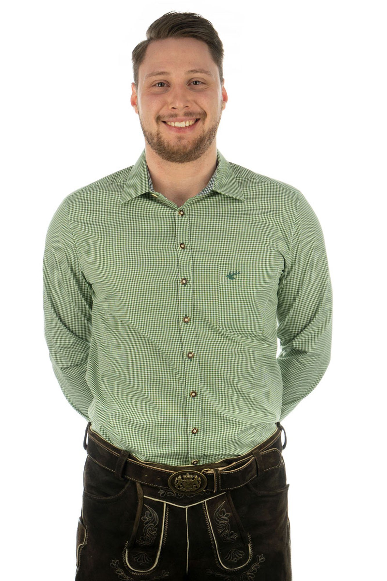 OS-Trachten Trachtenhemd Wacodu Langarmhemd mit Hirsch-Stickerei auf der Brusttasche khaki/schlamm