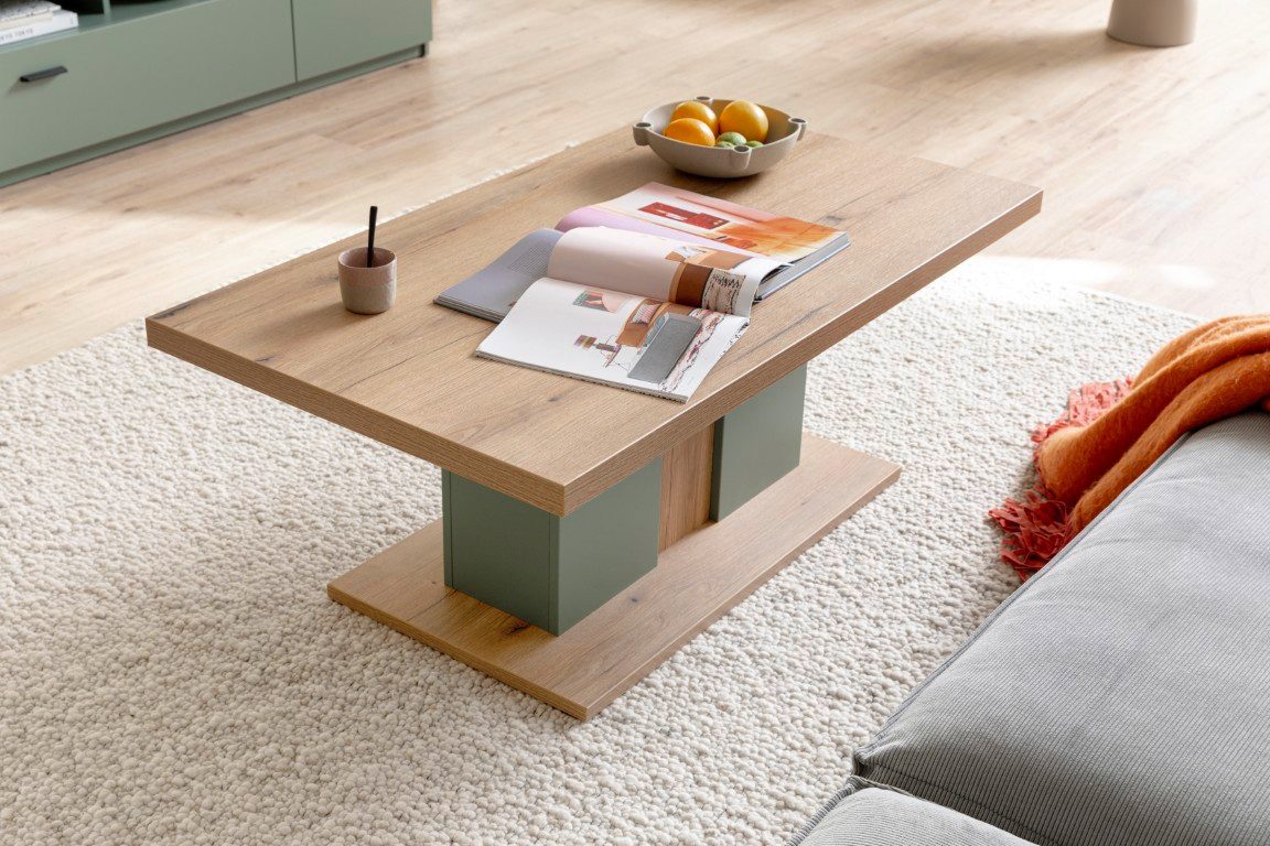 MCA furniture Couchtisch Couchtisch Moniz, Salbei grün / Eiche Evoke, 115x65, Wohnzimmertisch, Eiche Evoke Dekor ca,:120 cm, mit Säulenfuß