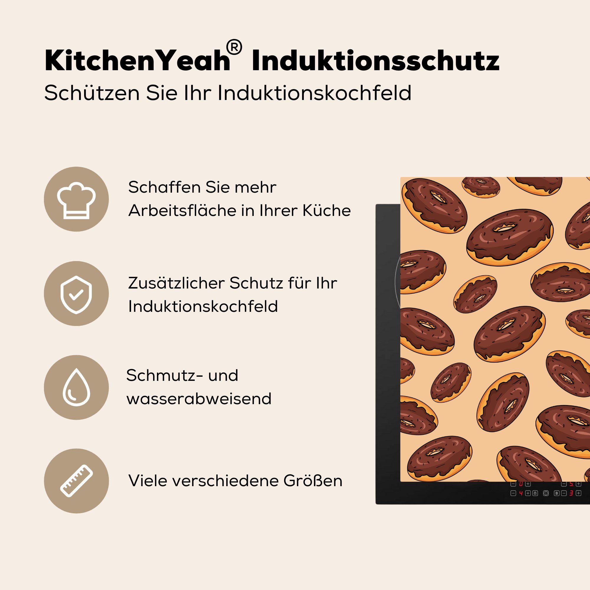 78x78 - cm, Donut (1 küche für tlg), MuchoWow Gestaltung Ceranfeldabdeckung, - Arbeitsplatte Schokolade, Vinyl, Herdblende-/Abdeckplatte