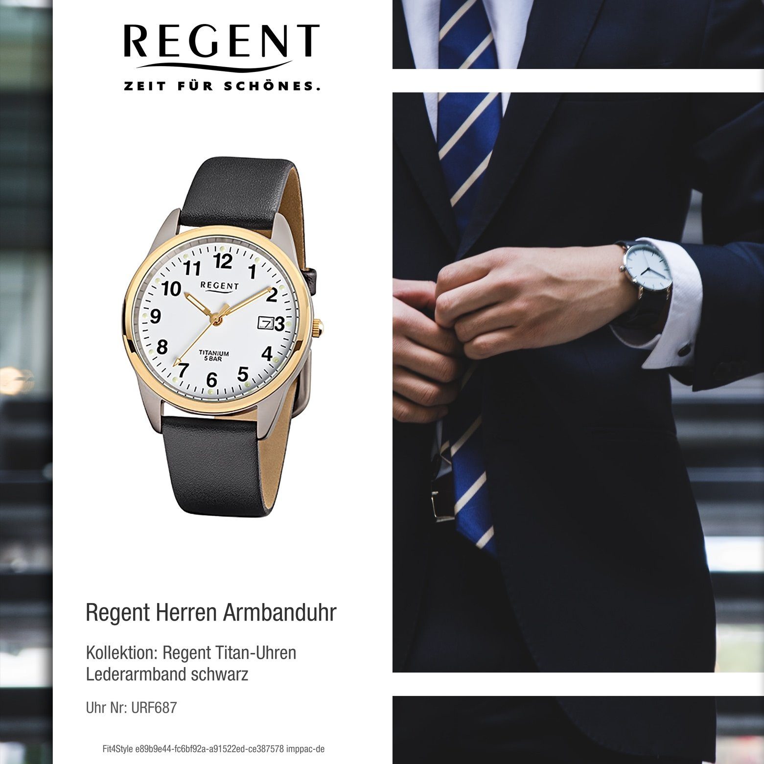 schwarz Herren-Armbanduhr Herren Analog, 36mm), Lederarmband rund, mittel Regent Armbanduhr Regent Quarzuhr (ca.