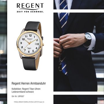 Regent Quarzuhr Regent Herren-Armbanduhr schwarz Analog, (Analoguhr), Herren Armbanduhr rund, mittel (ca. 36mm), Lederarmband