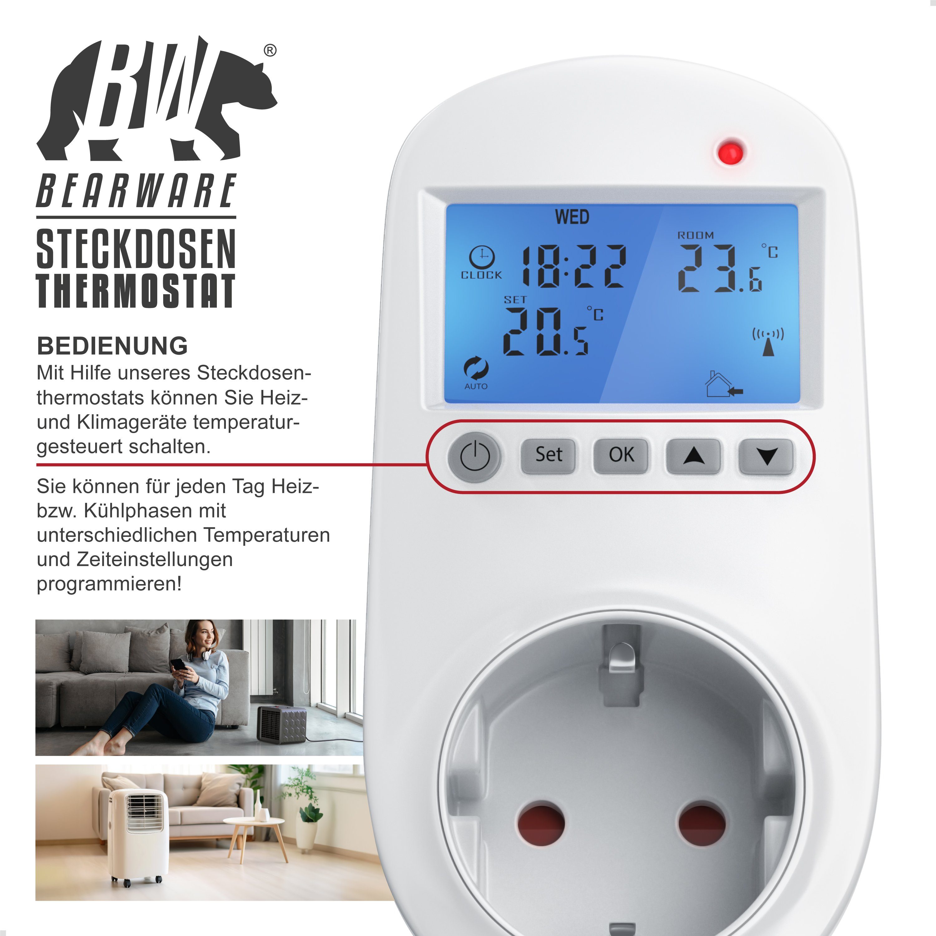 LCD-Display Klimageräte Heiz Individuell programmierbar, 1-St., BEARWARE & Steckdosen-Thermostat,