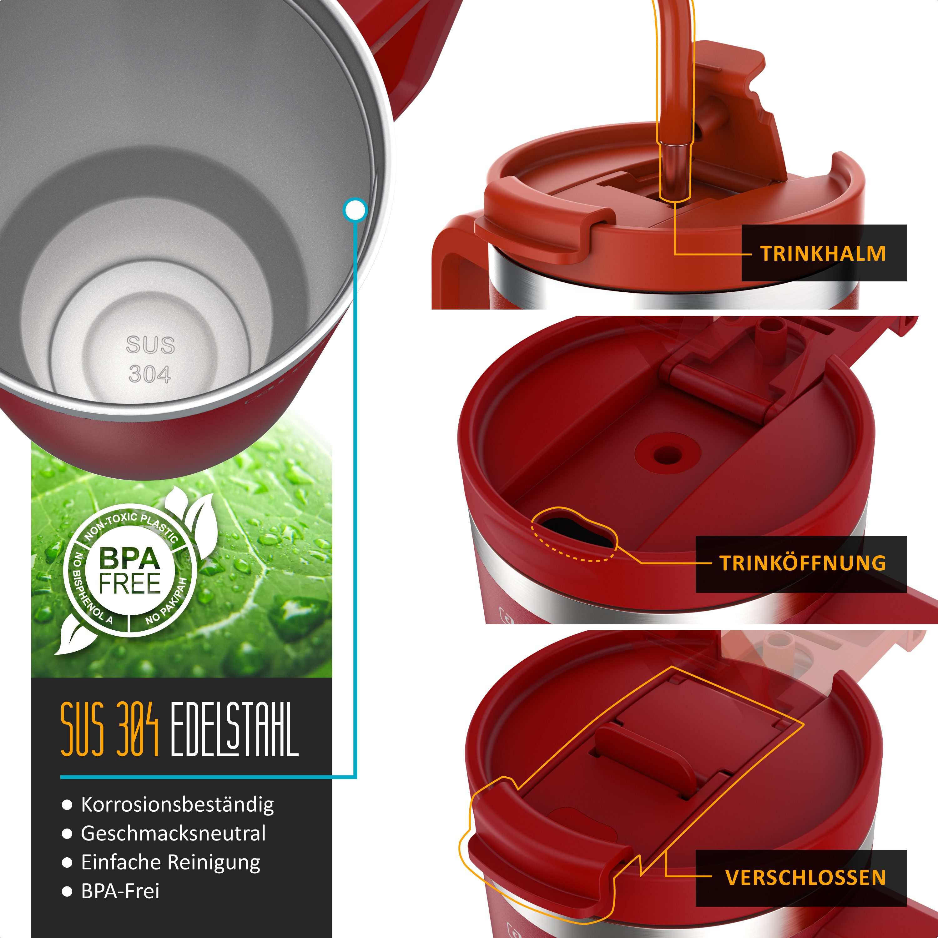 Arendo Thermobecher Tumbler 1200 ml, Becher mit Deckel, Henkel und Strohhalm, Thermal Mug, 1-tlg., Edelstahl, kohlensäuregeeignet, auslaufsicher, doppelwandig,  – Bild 3 von 5