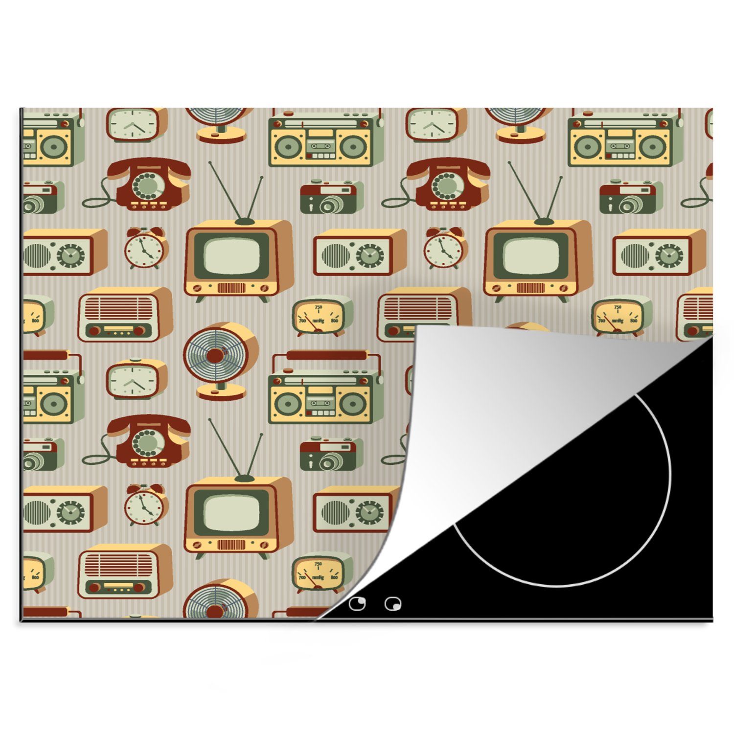 MuchoWow Herdblende-/Abdeckplatte Radio - Telefon - Retro - Muster, Vinyl, (1 tlg), 60x52 cm, Mobile Arbeitsfläche nutzbar, Ceranfeldabdeckung