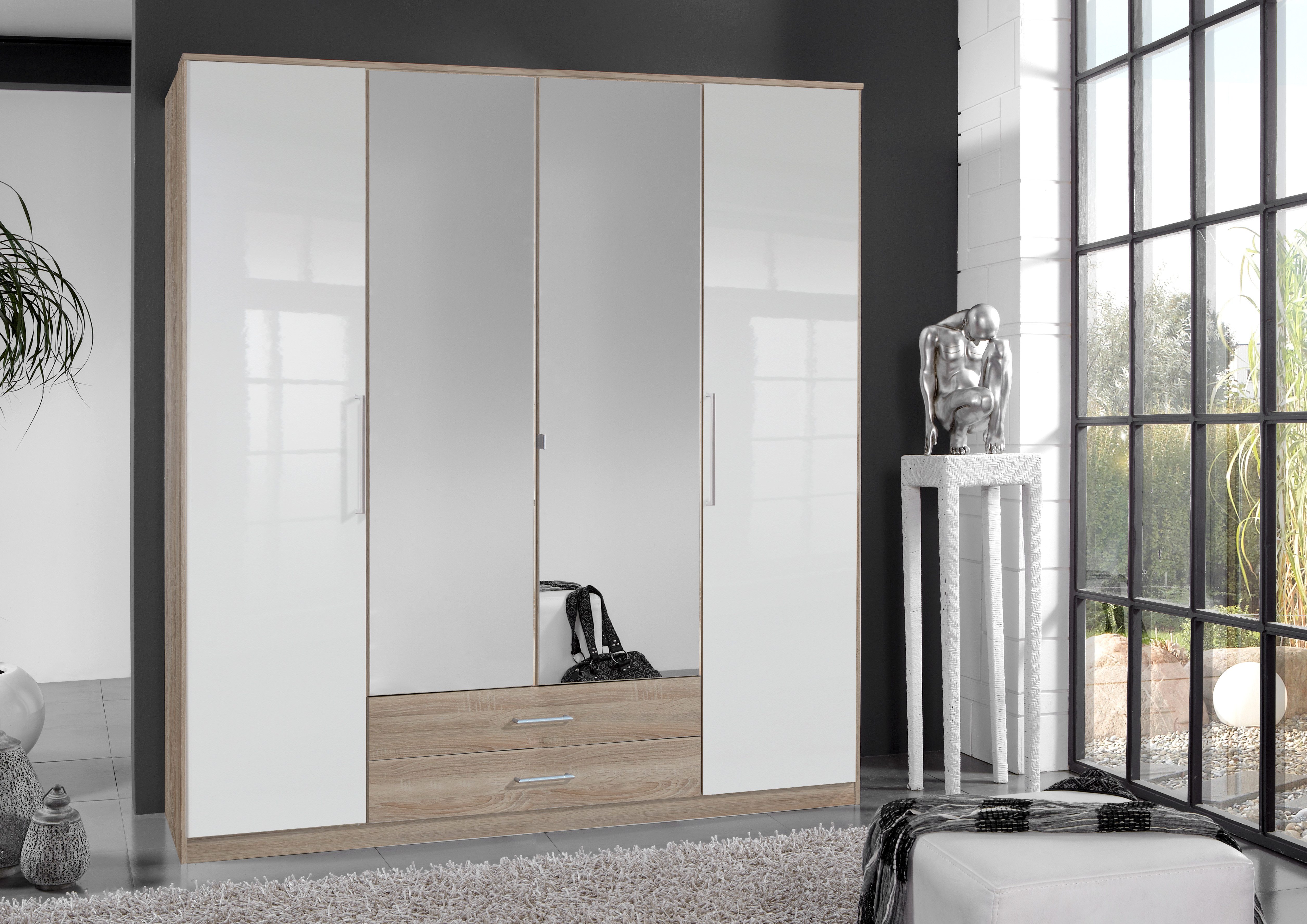 möbel-direkt.de Kleiderschrank Greven in Weiß Hochglanz Lack mit Eiche Sägerau (komplett, 1-St., Drehtürenschrank, Eckkleiderschrank) Made in Germany, Hochglanz-Lack-Front