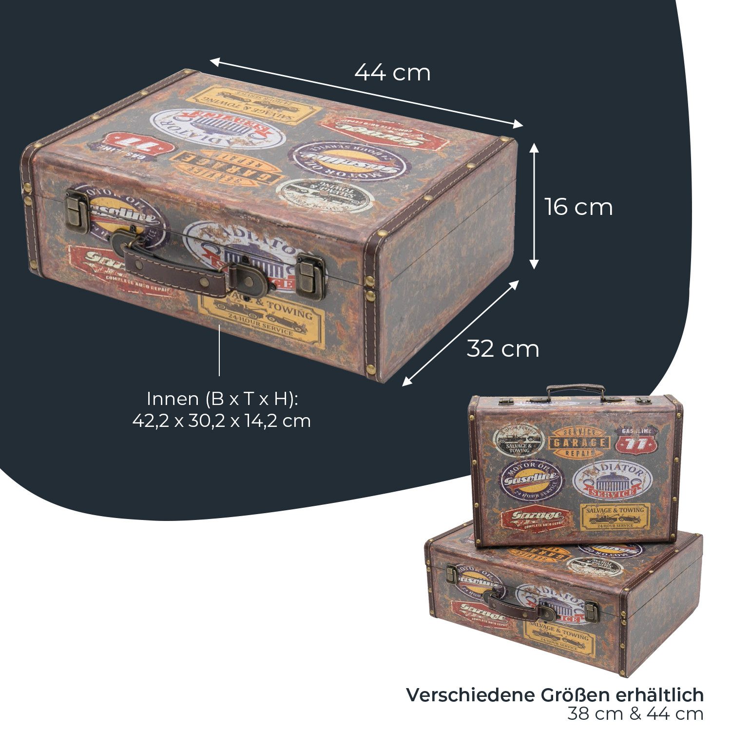 HMF Aufbewahrungsbox Vintage Koffer Holz, Aufbewahrungsbox mit Deckel und Ledergriff als, Geschenkidee für Hochzeit oder Geburtstag, Garage, 44 x 32 x 16 cm – Bild 5 von 5
