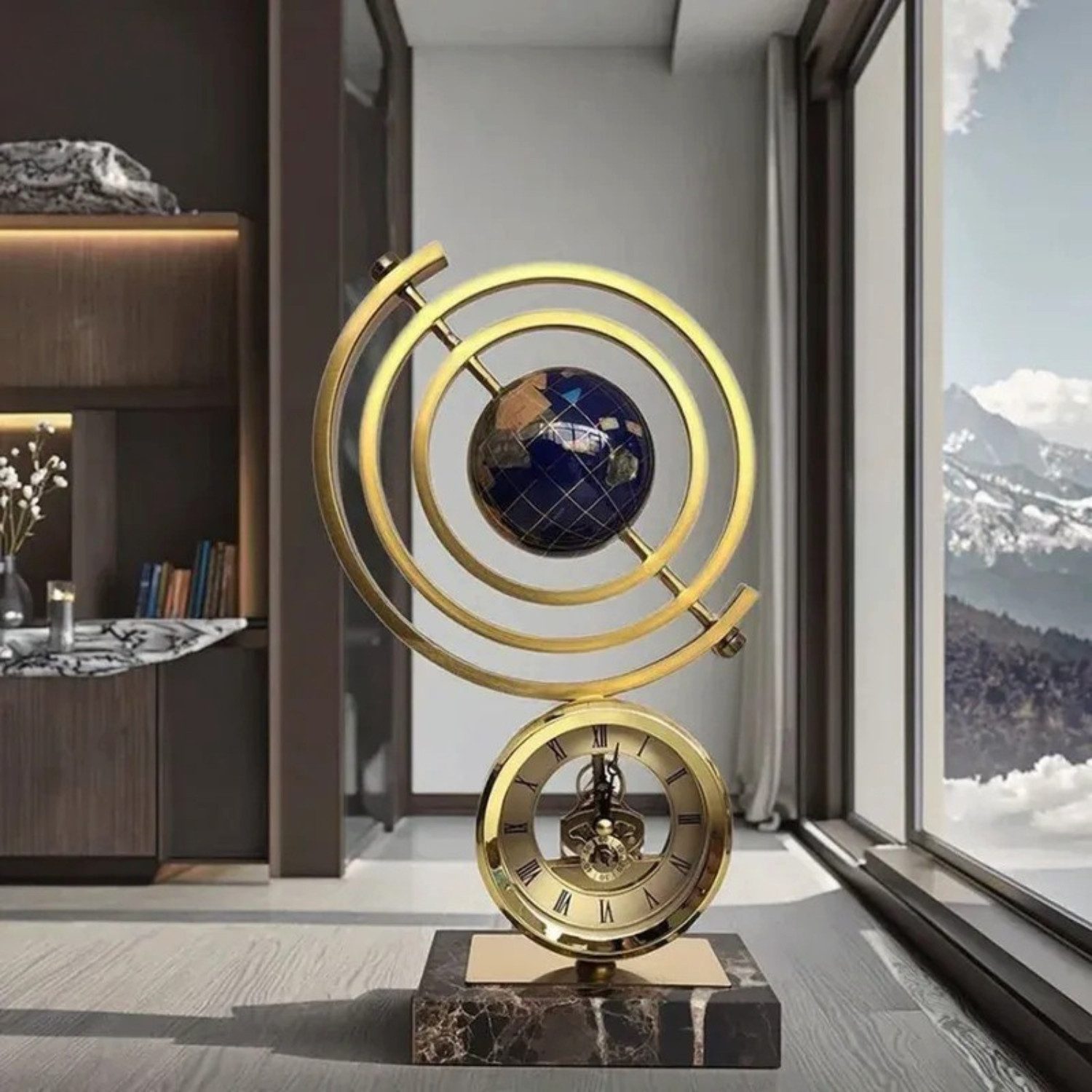 Quality Elegance Skulptur Luxus Globus Uhr Skulptur Gold Marmor Deko