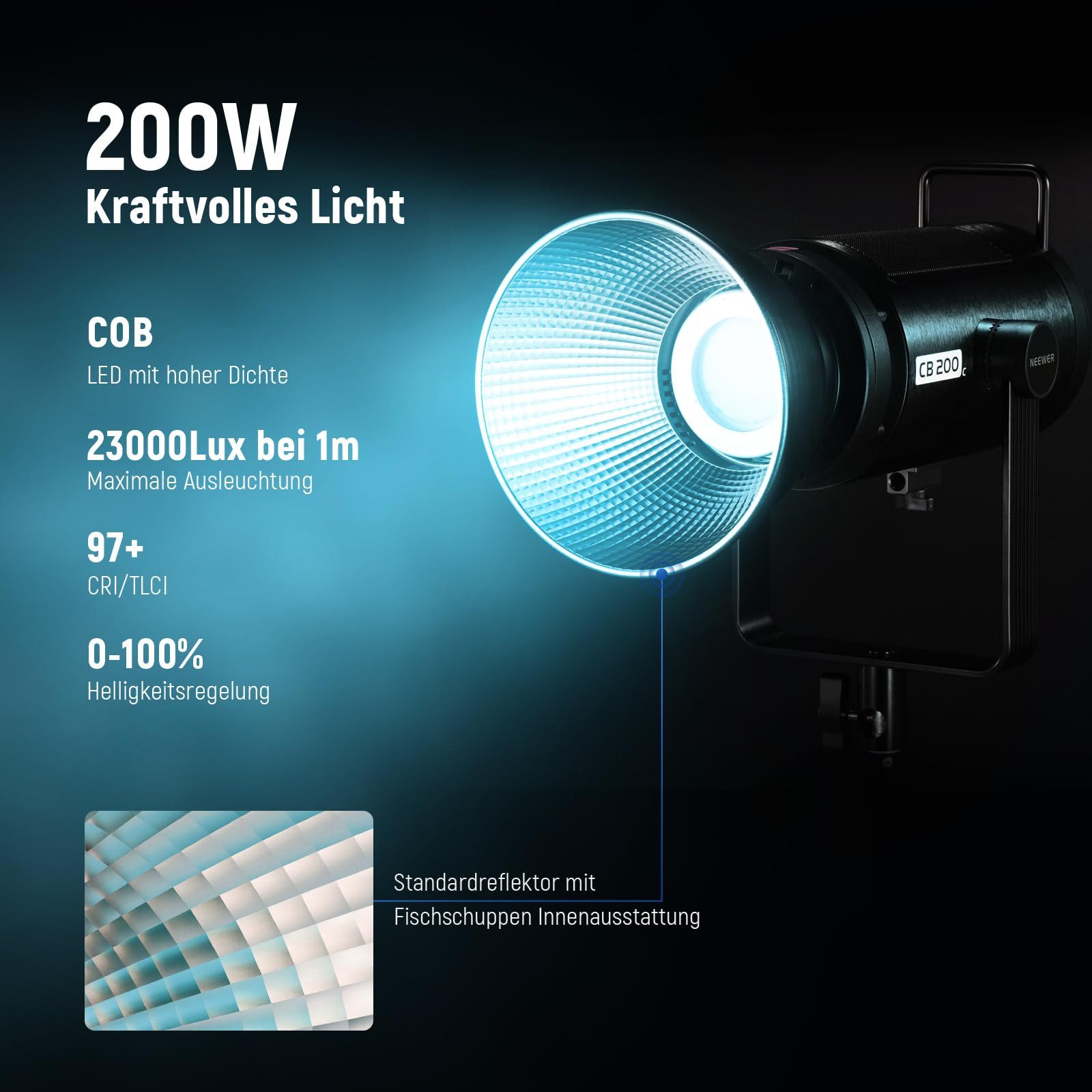 Neewer Videoleuchte CB200C 200W RGBWW COB LED Videolicht, APP/2.4G Steuerung, 2500K-7500K, 23000Lux, Bowens Mount, Leise Dauerlicht für Fotografie