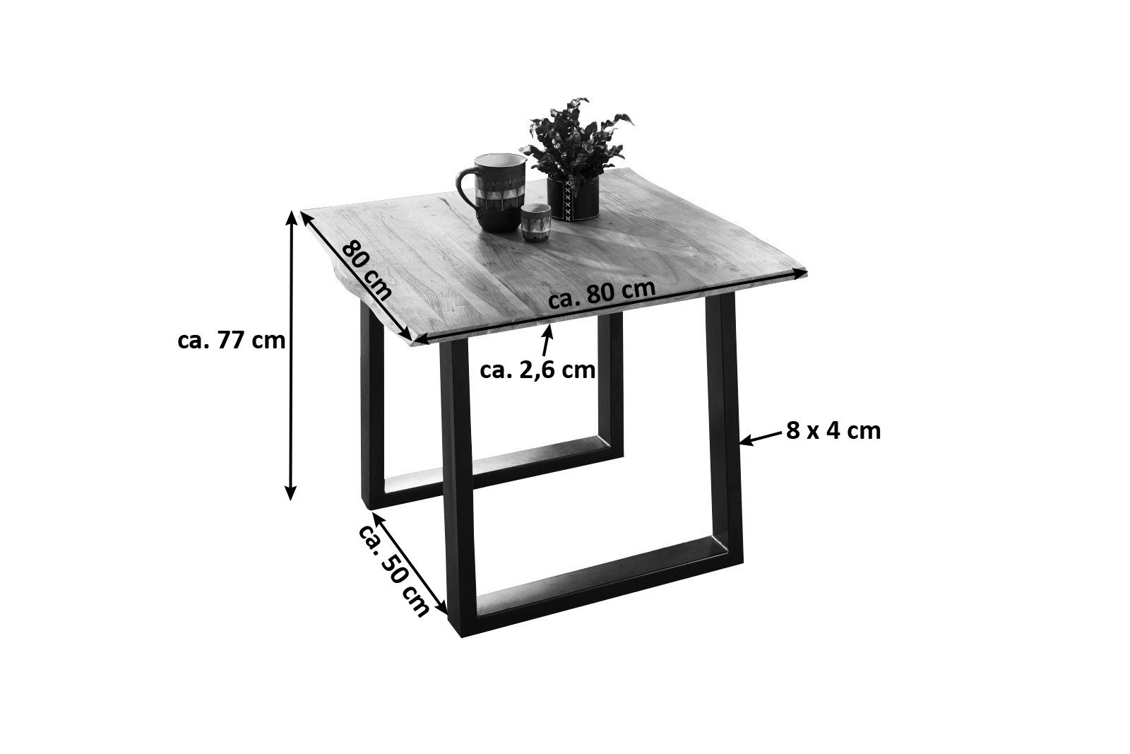 naturfarben lackiert Esszimmertisch/Holztisch im Industrial-Design Tischplatte 26 mm Akazienholz massiv SAM Baumkantentisch 160x85 cm Mephisto Esstisch mit schwarz lackiertem U-Gestell