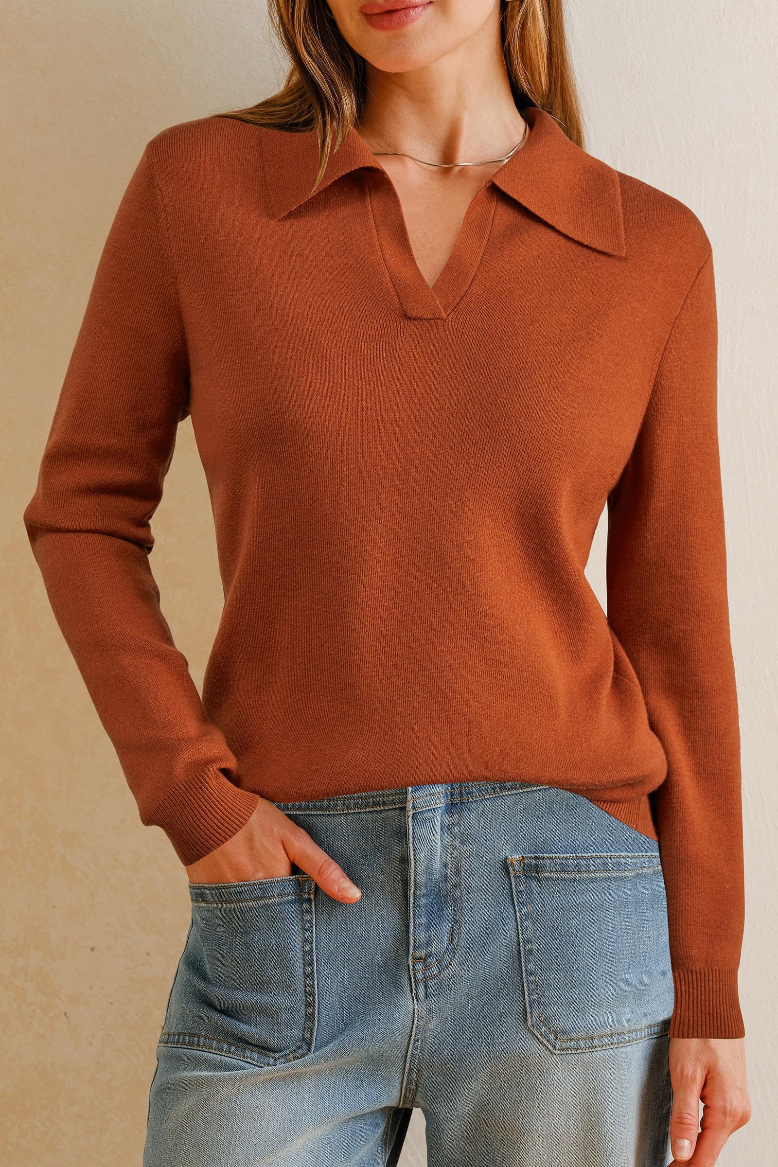 Arach&Cloz Poloshirt Damen Poloshirts Langarmshir Strickpullover Longpullover V-Shirt aus Wollmischung Herbstpullover Business CasualOutfits