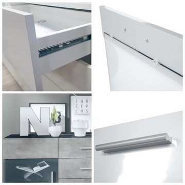 Vladon Sideboard Bari (Kommode mit 2 Türen, ​ 4 Schubladen und 2 flexible Glaseinlegeböden), Weiß matt/Creme Hochglanz (139 x 72 x 35)