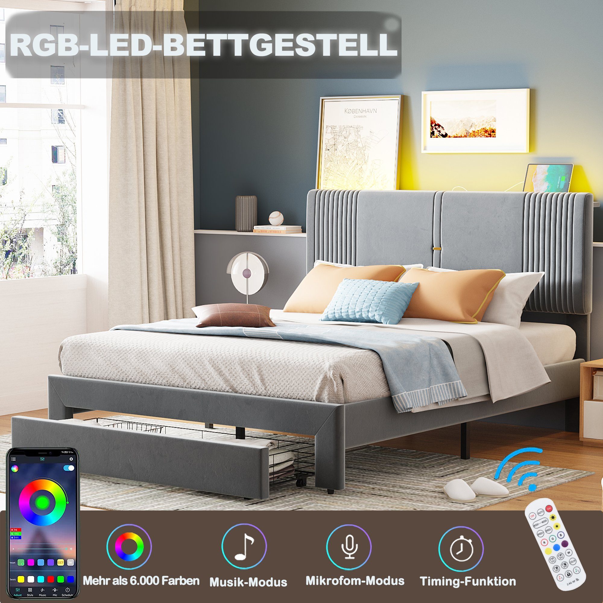 REDOM Polsterbett mit Lichtleiste und USB-Buchse,Doppelbett günstig online kaufen