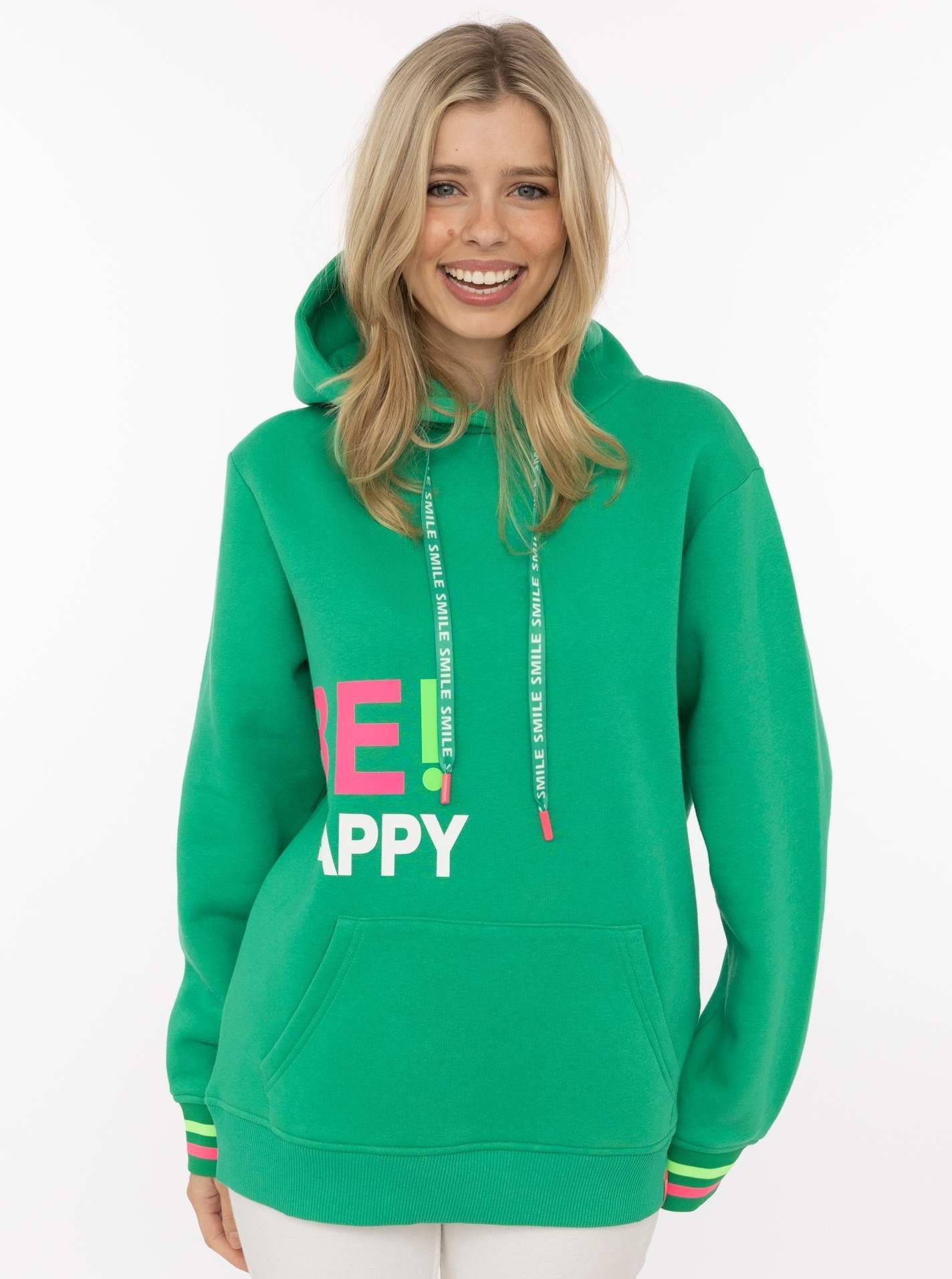 Zwillingsherz Hoodie "Be Happy!" gestreifte Bündchen, Aufdruck auf Brust, Kapuze, Kängurutasche