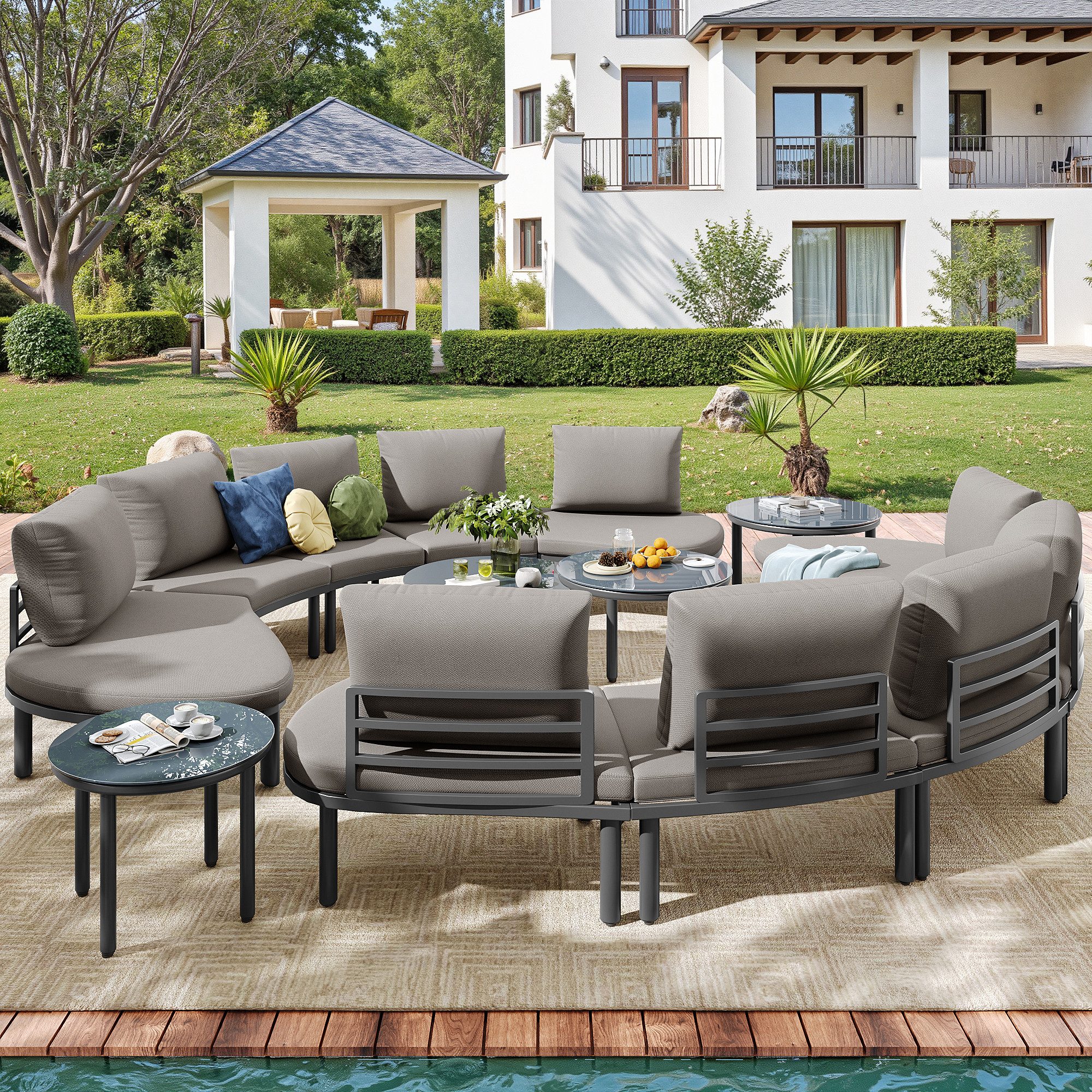 OKWISH Gartenlounge-Set Gartenmöbelset,mit verzinktem Eisengestell, (Gartenmöbel-Set für 10 Personen, 4 Couchtische aus gehärtetem Glas, verstellbare Füße, verzinkter Eisenrahmen, ergonomische Kissen – Robuste Gartenmöbel für Balkon, Terrasse und Garten., 2-tlg), mit Relaxfunktion