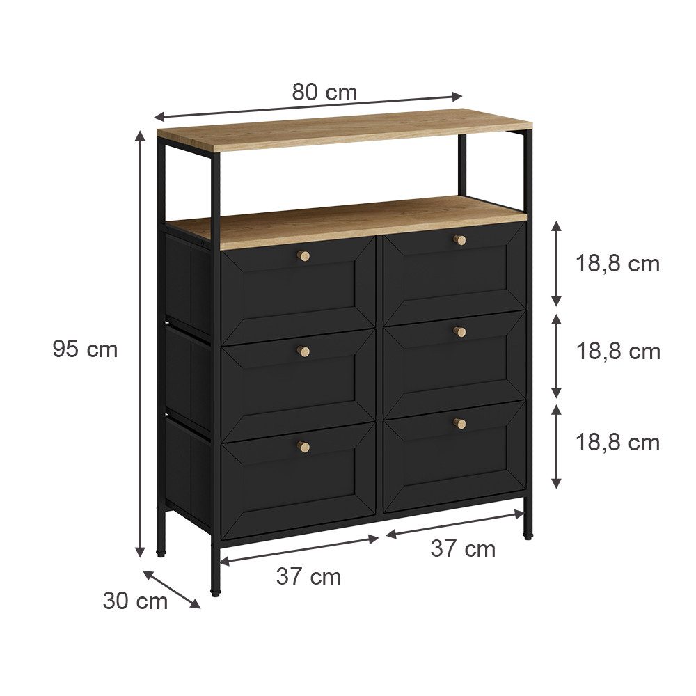 Vicco Kommode Belaro, Schwarz, 80 x 95 cm mit 6 Schubladen (1 St)