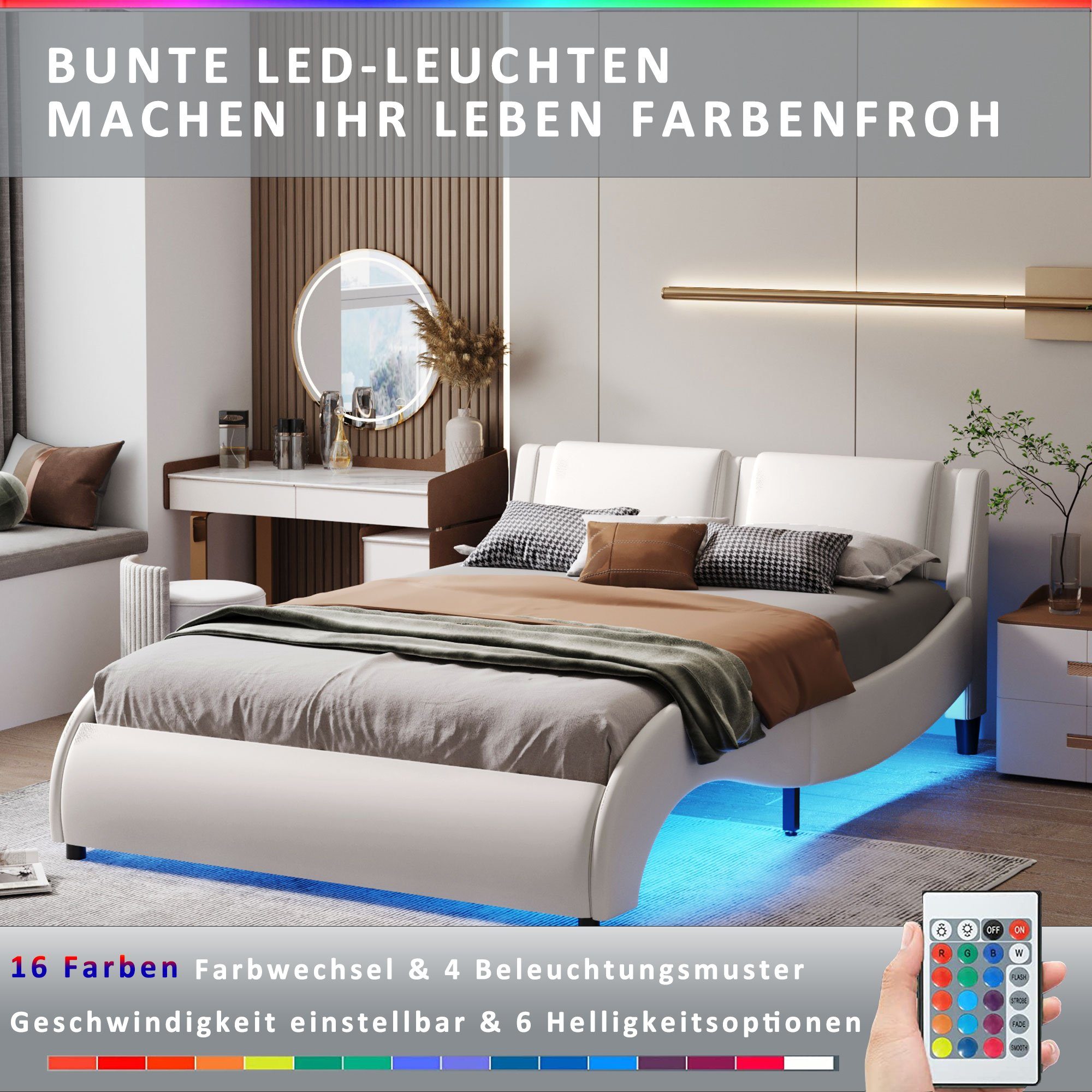 LED mit Flieks Bogendesign Kunstleder Polsterbett, Weiß Doppelbett 140x200cm Beleuchtung