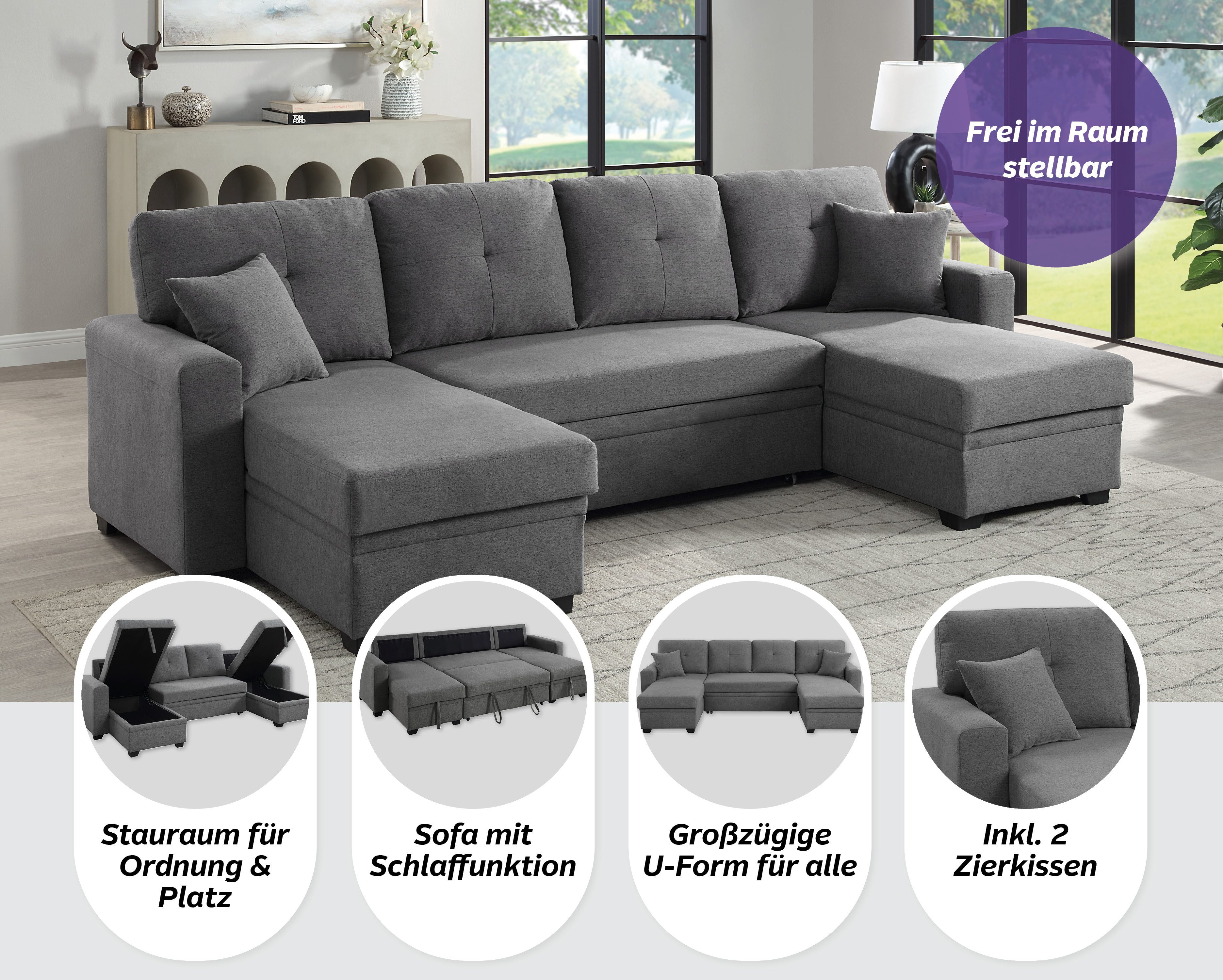 ATLANTIC home collection Wohnlandschaft Gerrit U-Form, Br. 282 cm, mit Bettfunktion, 2 Bettkästen & 2 Zierkissen