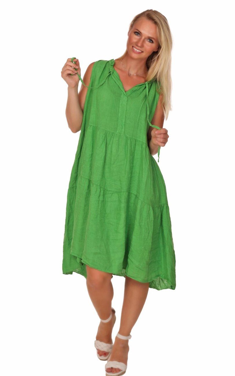 Charis Moda Sommerkleid Leinenkleid ärmellos mit Stehkragen Grün