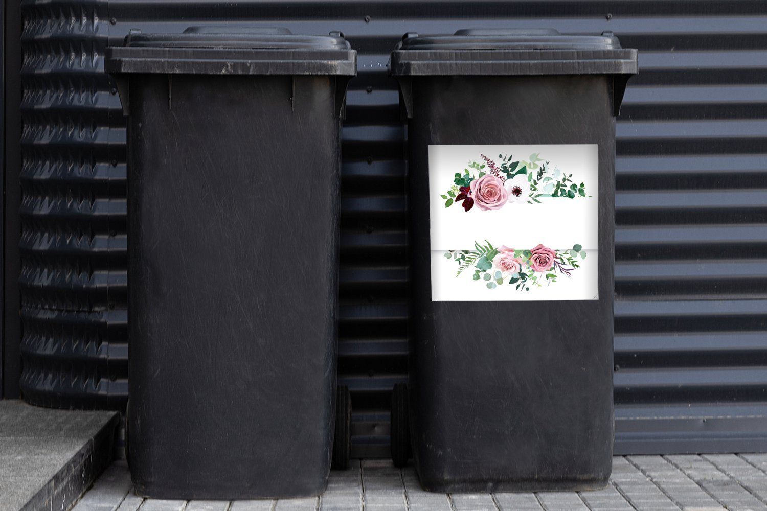 MuchoWow Wandsticker Blumen Abfalbehälter Container, Malerei - - (1 St), Mülltonne, Mülleimer-aufkleber, Rosen Sticker