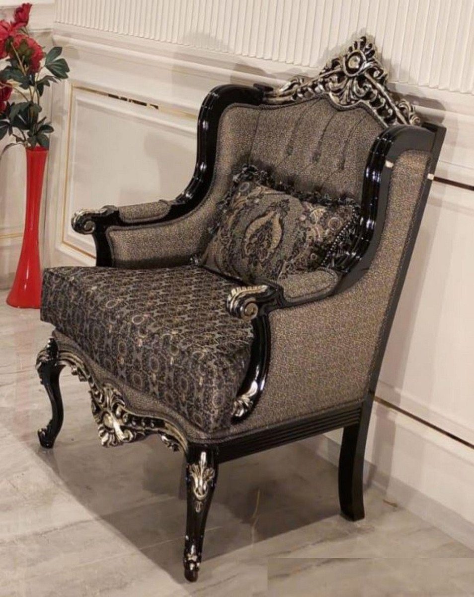 Casa Padrino Sessel Luxus Barock Wohnzimmer Sessel Grau / Schwarz / Gold - Prunkvoller Sessel mit elegantem Muster - Handgefertigte Barock Wohnzimmer Möbel