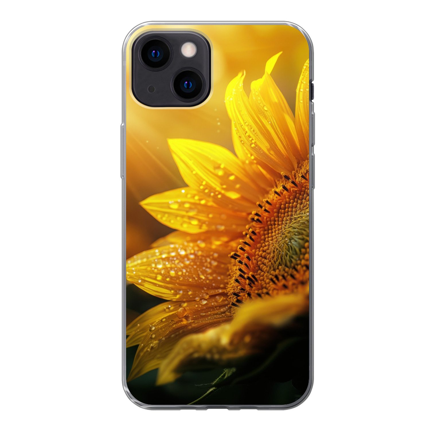 MuchoWow Handyhülle für Apple iPhone 13 Sonnenblume - Tautropfen - Gelb - Sonnenlicht, Smartphone-Bumper, Print, Handy Schutzhülle Dünn