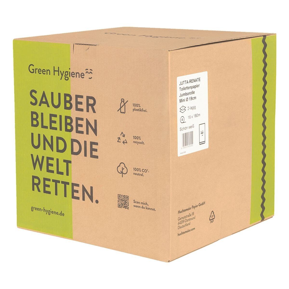 Green Hygiene® Toilettenpapier Jutta-Renate (16-St), Recycling, 2-lagig, weiß mit Prägung, parfümfrei, 180 m/Rolle