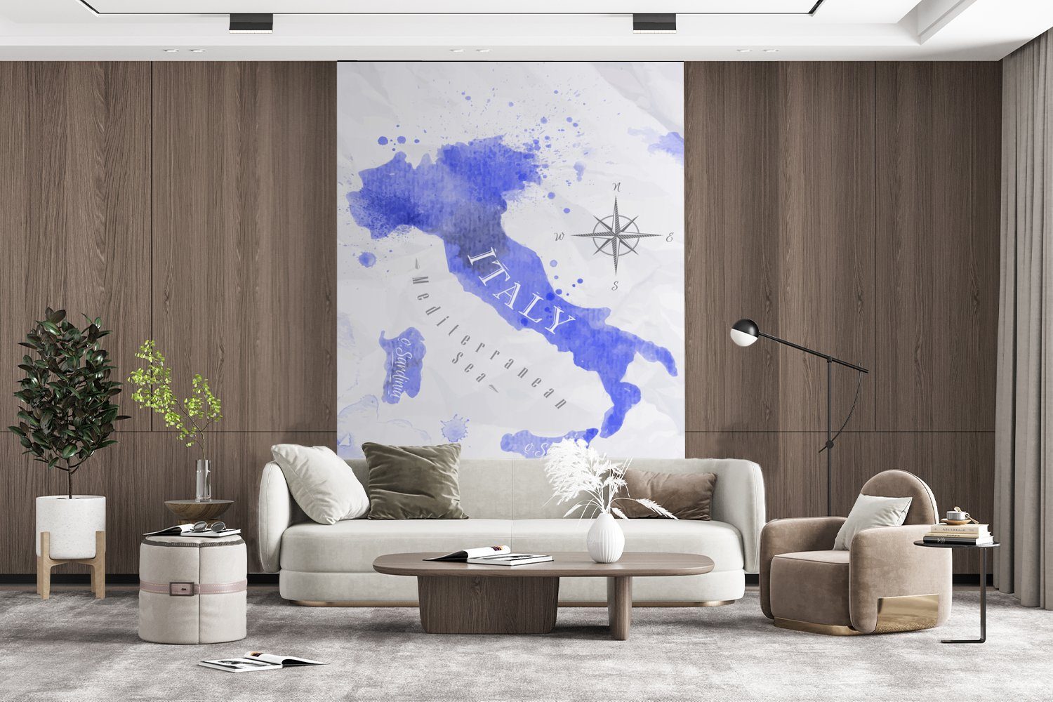 Wandtapete Italien, Tapete für Wohnzimmer, Vinyl Aquarell Matt, bedruckt, - Montagefertig MuchoWow (3 St), - Karten Fototapete