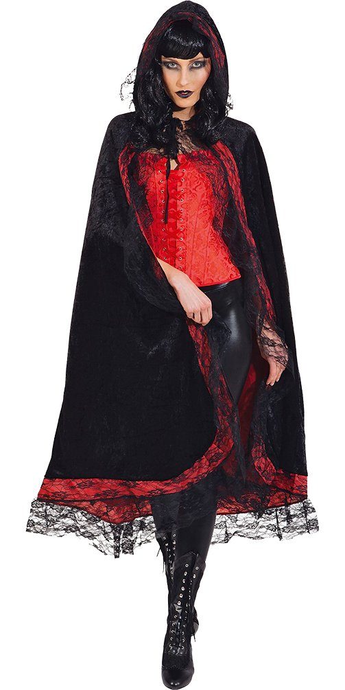 Karneval-Klamotten Vampir-Kostüm Damen Vampir Umhang mit Kapuze schwarz rot Spitze, Vampirin Dracula Kleid Frauenkostüm Halloween Karneval