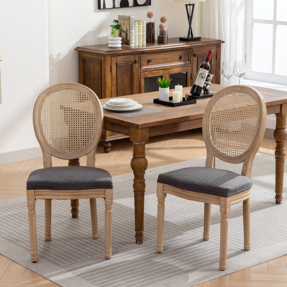BBWL Esszimmerstuhl 2er-Set, Massivholzrahmen, Leinenbezug, Rattan-Rücken, Set Esszimmerstühle, französischer Stil, Antik-Finish