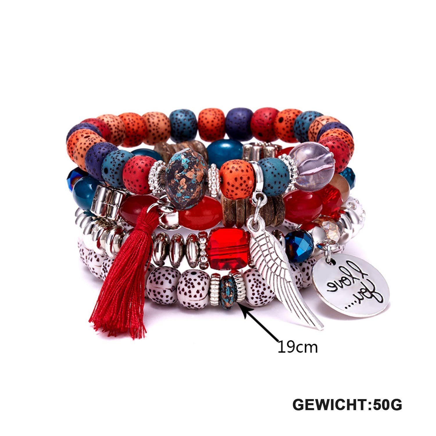 Stil Armbänder, Männer Set und Armband Pfau Blau Türkis 4-teiliges Flügel Anhänger von Frauen Quaste Stretch MAGICSHE Armband, Mehrschichtiges