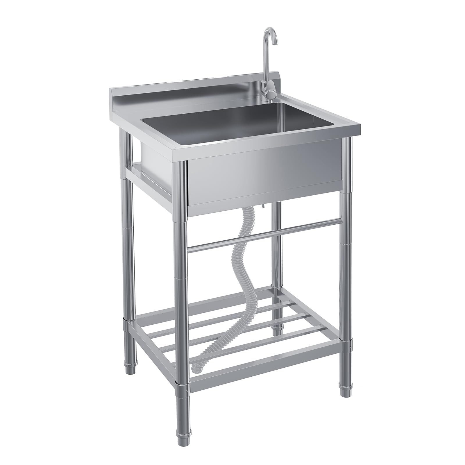 GarveeMore Waschtisch-Set Praktisches Spülset aus Edelstahl – Einbecken mit Ablaufsystem, 360° schwenkbarem Wasserhahn, Festwasseranschluss, 60 x 50 x 105 cm