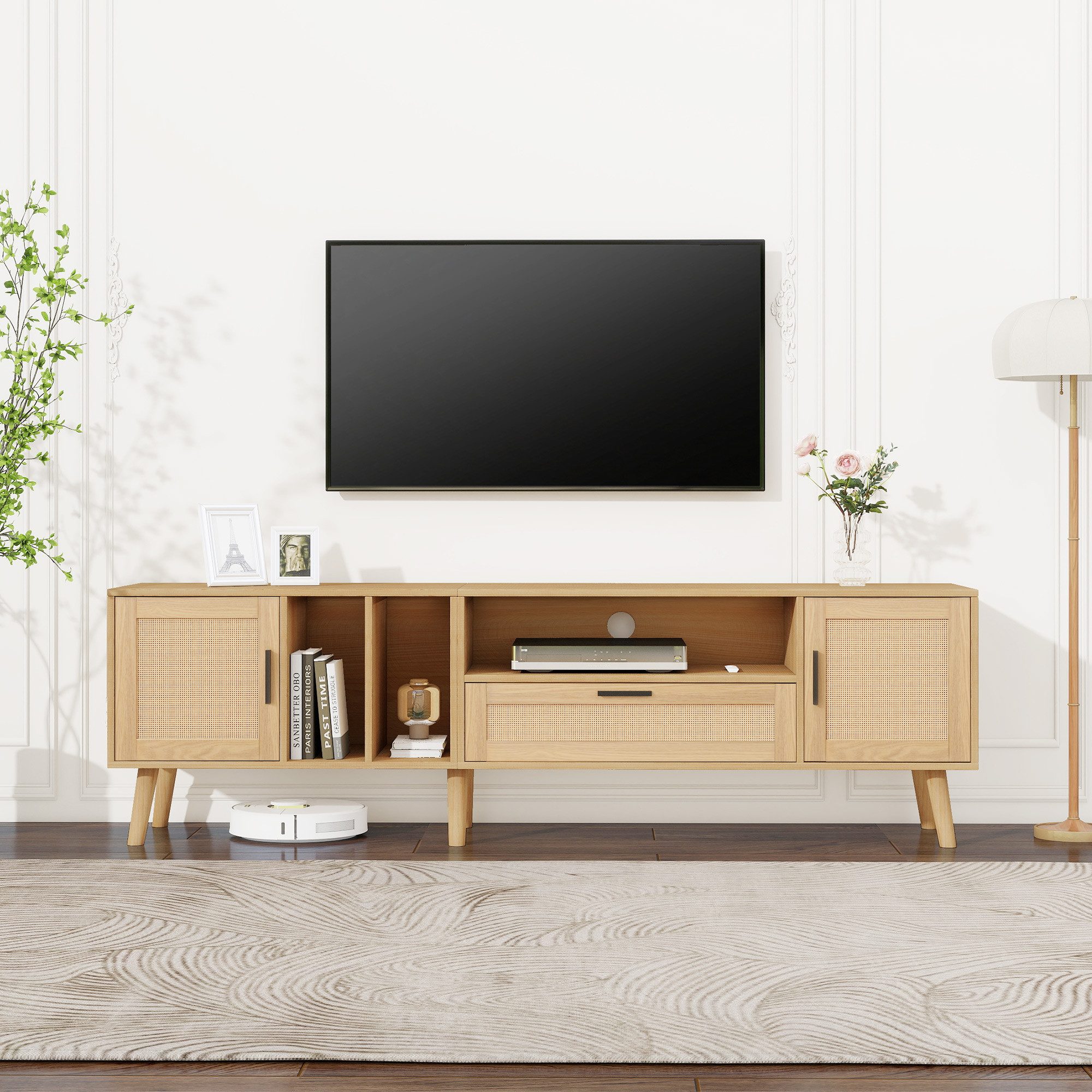 REDOM TV-Schrank TV-Schrank mit Rattantüren und offenen Regalen (für einen 80-Zoll-Fernseher, mit Kabelmanagement) 3 offenen Regalen
