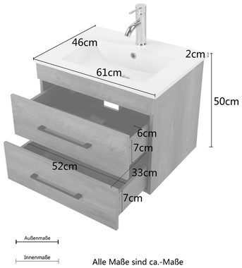 welltime Waschtisch Florenz Badschrank Badmöbel inkl. Waschbecken (Komplett-Set), Waschplatz mit 2 Auszügen und Softclose Breite 60cm