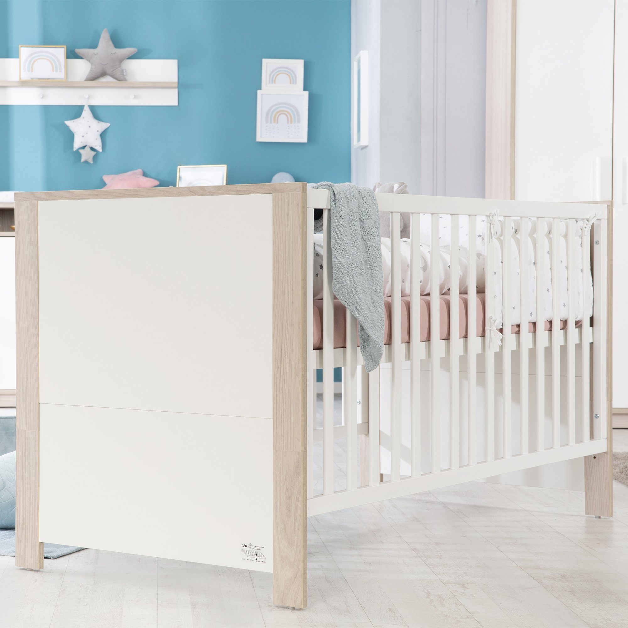 roba® Babybett Olaf, Gitterbett höhenverstellbar, umbaubar, mitwachsend - Holzdekor