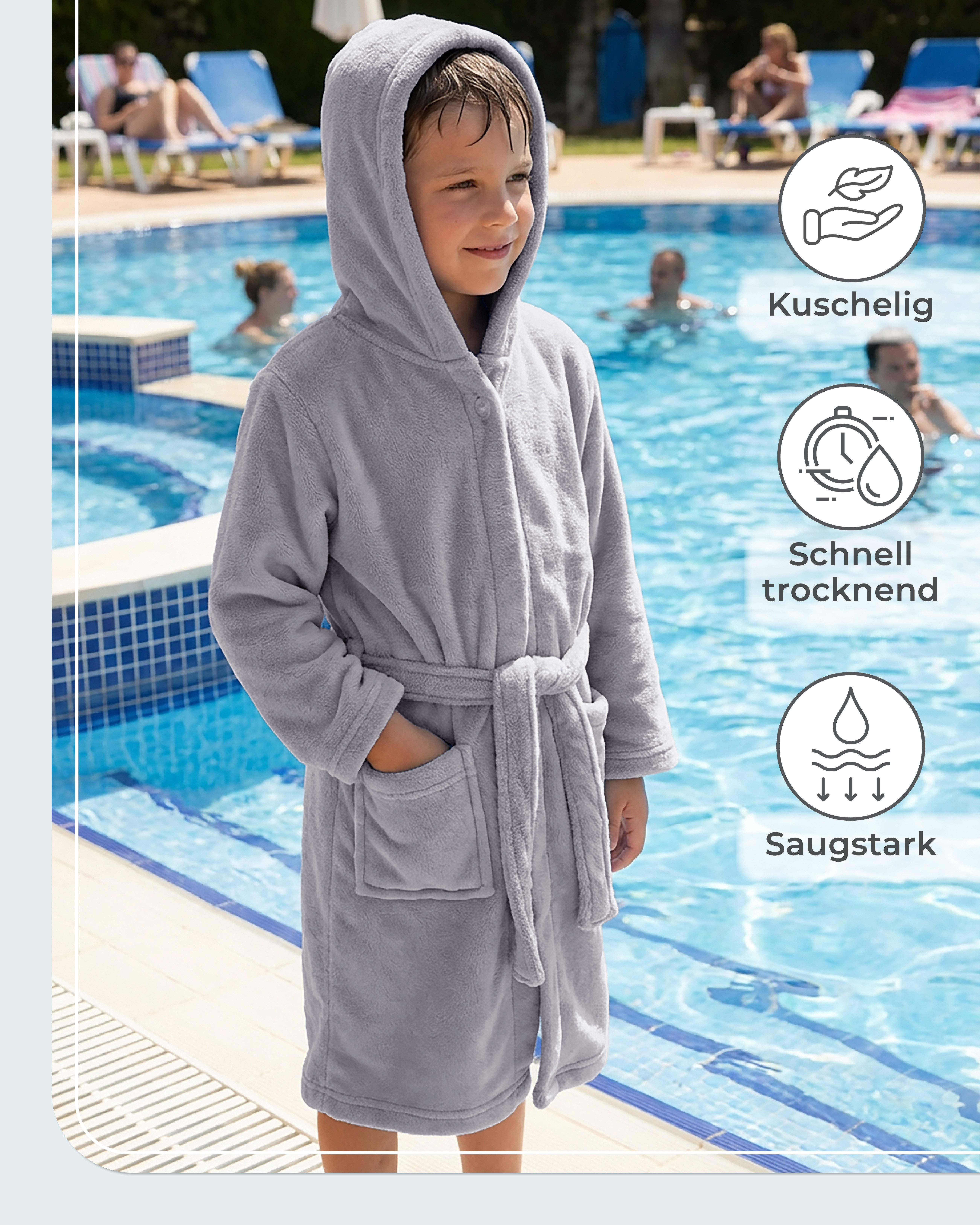 Gräfenstayn Kinderbademantel aus Fleece mit Kapuze & Knopf – Flauschiger Kinder-Bademantel, für Jungen & Mädchen, Größe 170-176 – Bild 5 von 5