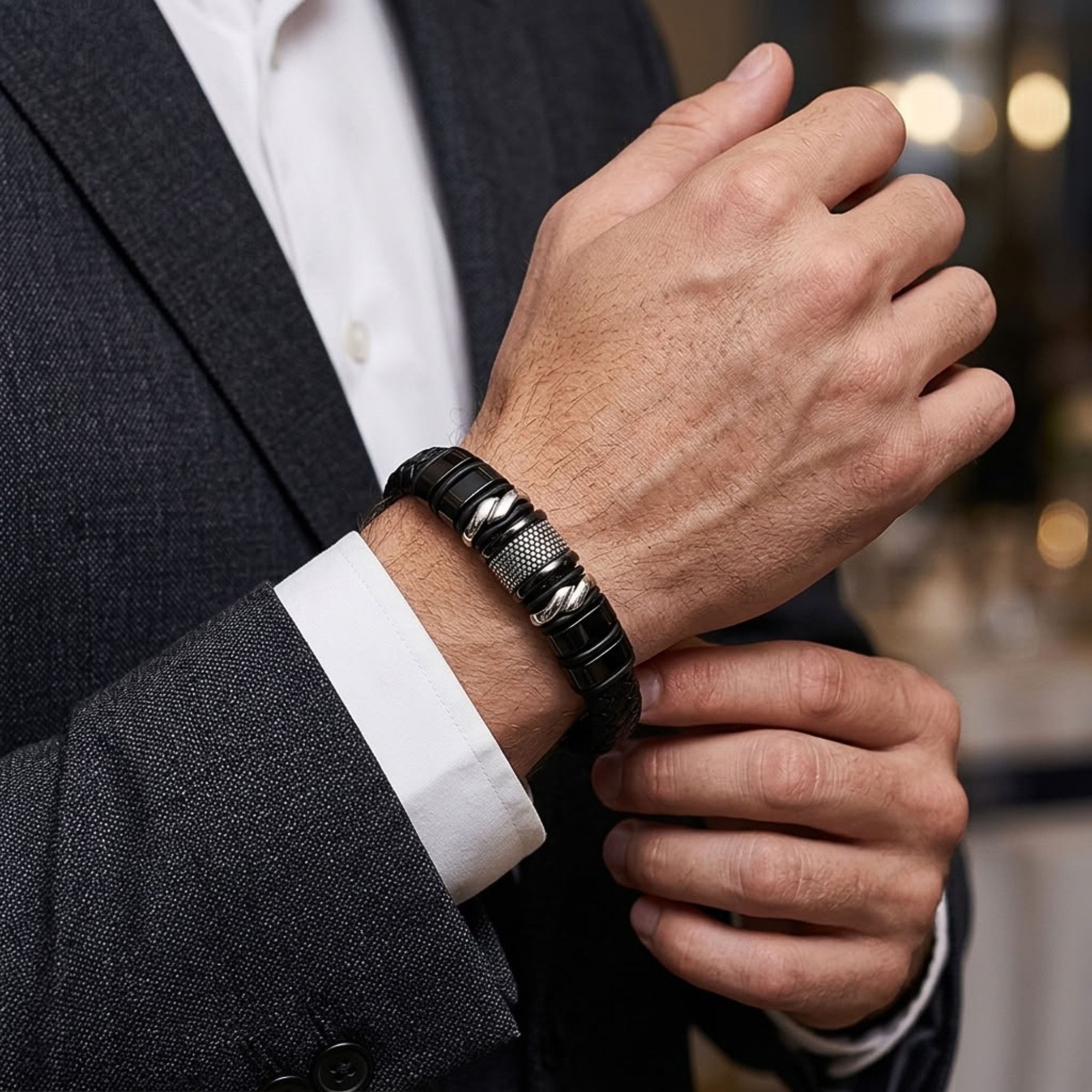 UNIQAL.de Lederarmband „MAMBA“ – Maskulines Design in Schwarz & Silber (Echtleder, Edelsthal, Magnetverschluss mit Verlängerungsglied, perfektes Geschenk, Bewäh – Bild 5 von 5