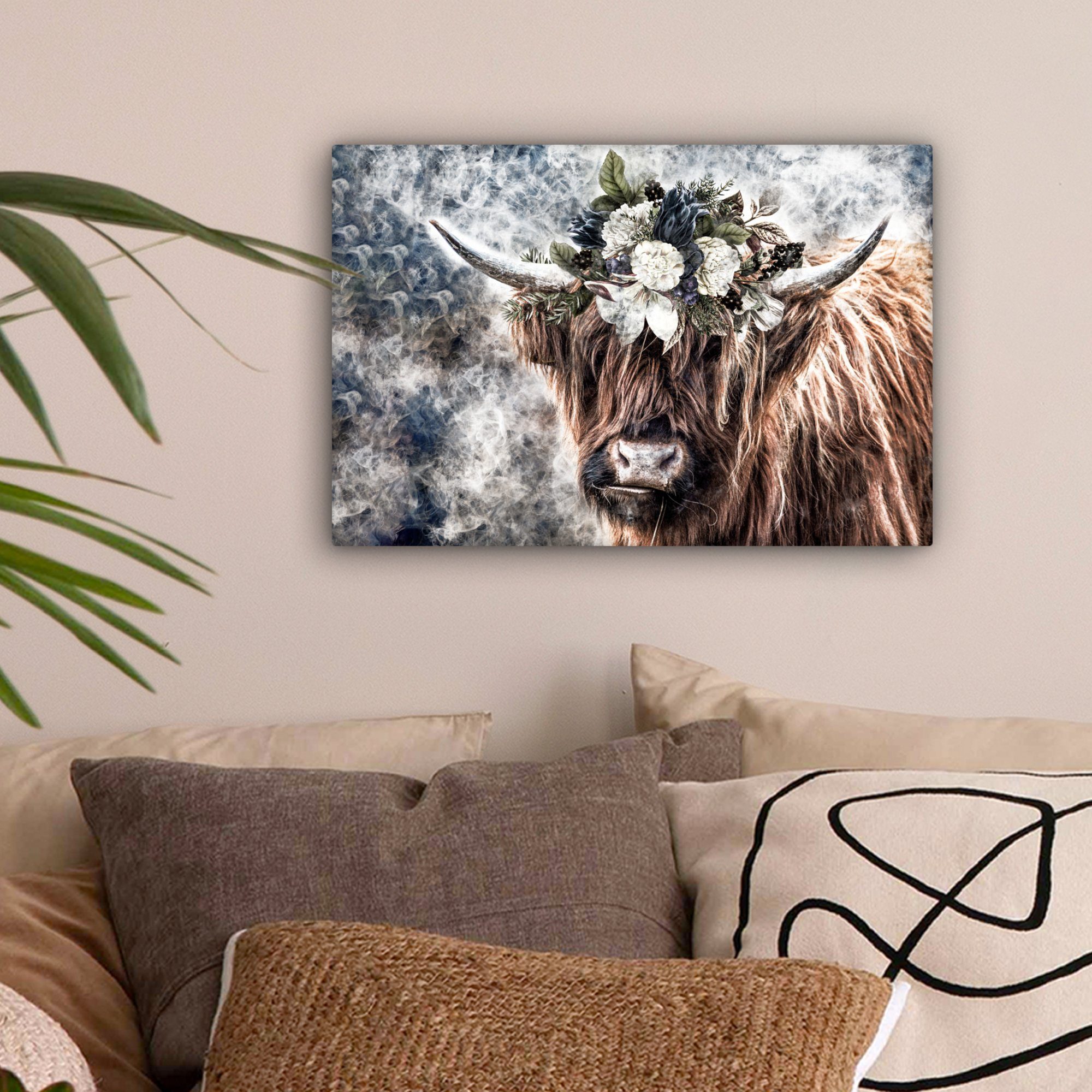 OneMillionCanvasses® Leinwandbild Schottische Highlander - Blumen - Nebel, günstig online kaufen